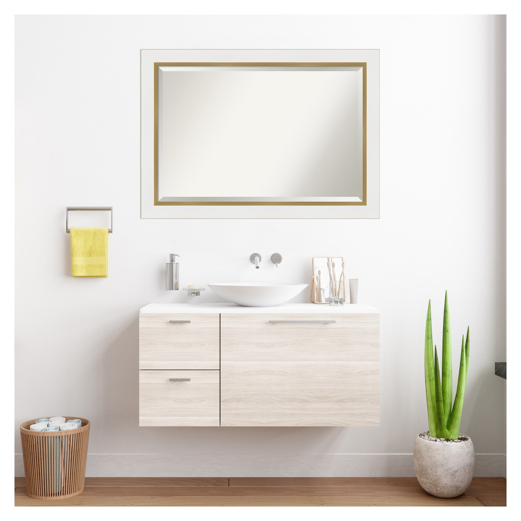 Eva White and Gold Rectangular Wall Mirror with Beveled Frame