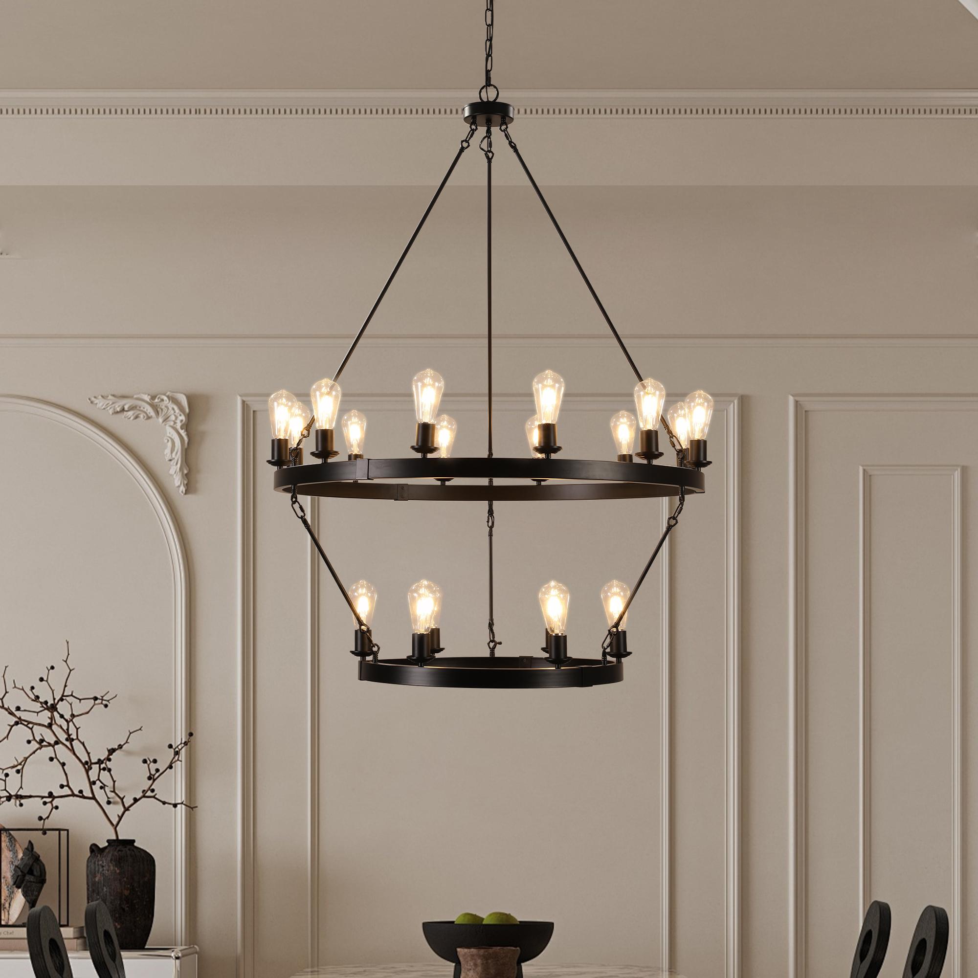 Bayfeve BFLCM-5440-LT Retro 2-Tier Circular Pendant Light 18 -Light Matte Black Vintage For Use in Bedrooms, Dining Rooms, Foyers, Kitchens, Living Rooms Chandelier