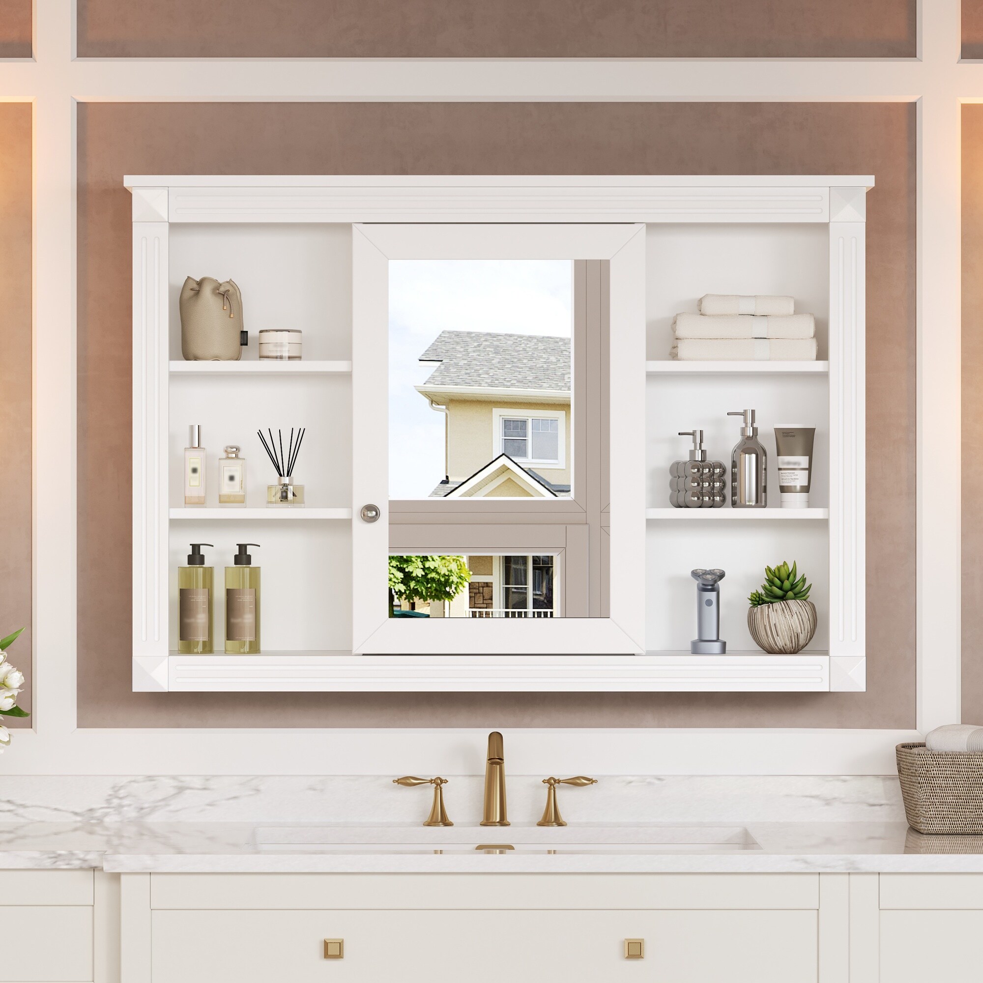 ModernLuxe Assembly Required 42inch Wall Mounted Bathroom Storage Cabinet Medicine Cabinet Modern Bathroom Wall Cabinet with Mirror Mirror Cabinet with 6 Open Shelves (Not Include Bathroom Vanity )