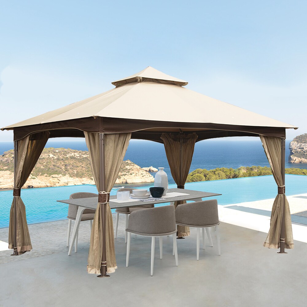 Sunrinx 13-ft x 9.9-ft Tan Metal Rectangle Semi-permanent Gazebo in the ...