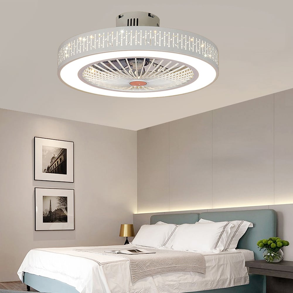 Oukaning HG-WMTZXL-3052-US-1 21.65-in Color-Changing Integrated LED Flush Mount Modern White Round Bamboo Pattern Timing with ABS Blades Fandelier Ceiling Fan With Light - Remote Included ( 7 -Blade )