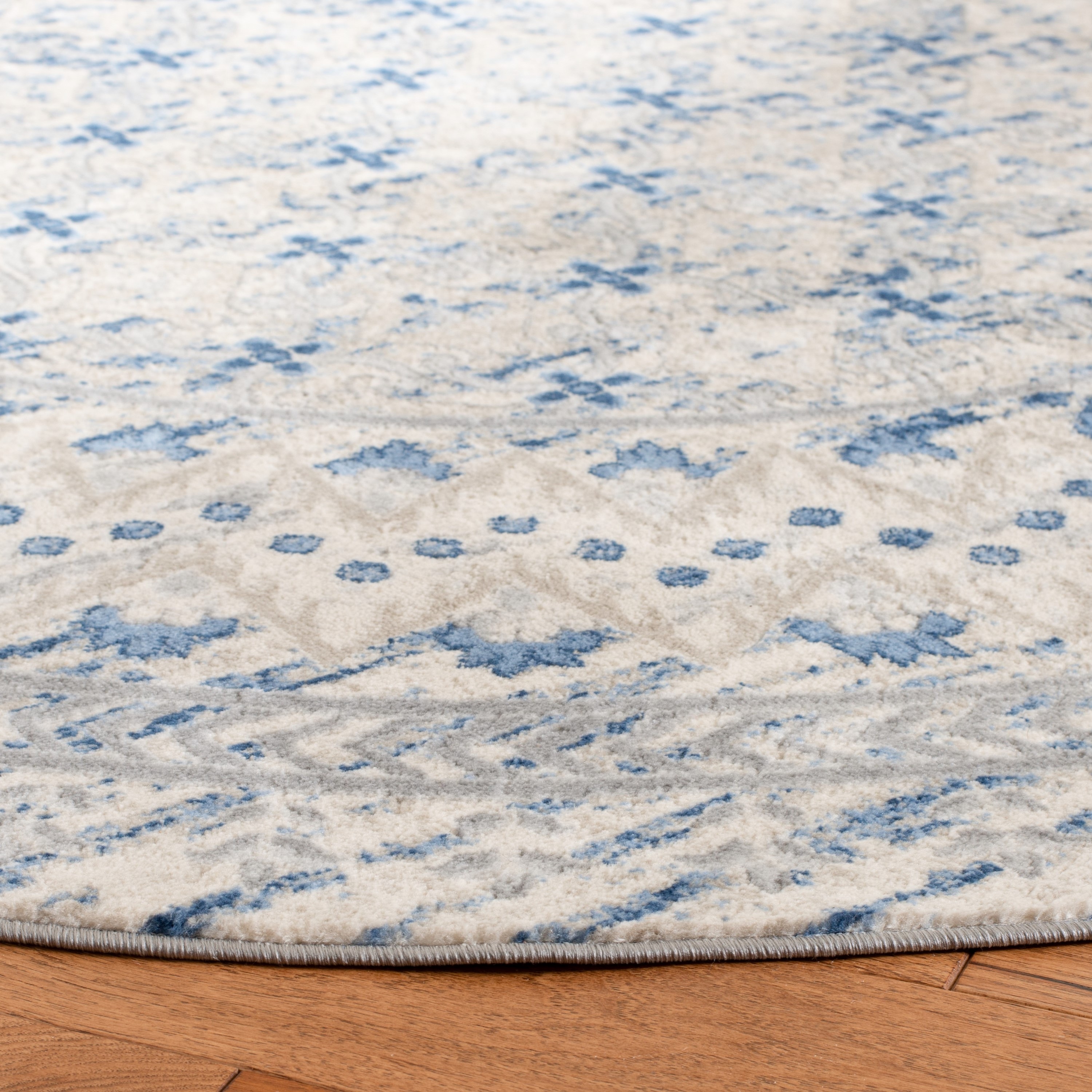 Light Gray and Blue Round Stain-Resistant Synthetic Area Rug