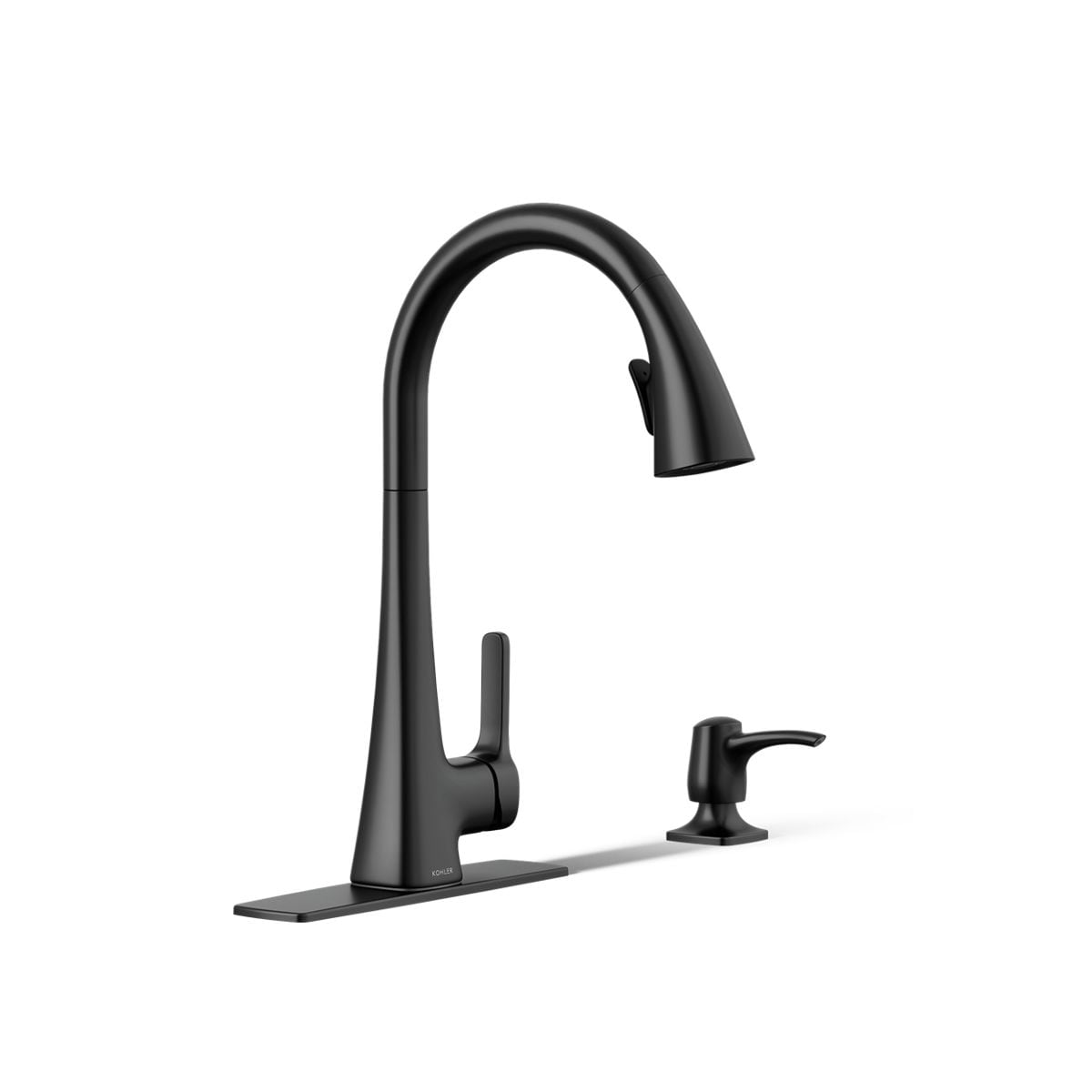 KOHLER R22867-SD-BL Maxton Matte Black Single Handle Deck-mount Pull-down Kitchen Faucet with Sprayer ( Deck Plate Included ) (Soap Dispenser Included)