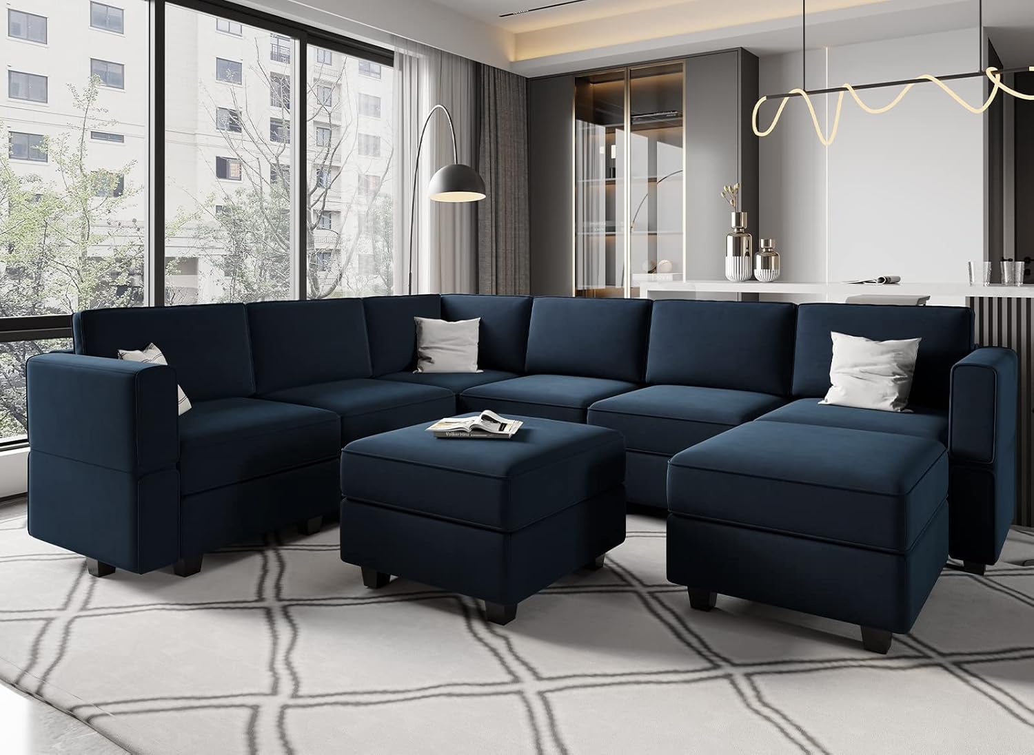Belffin BF196-A7B2C-BLUE Modular Sectional Sofa with Storage Seat Oversized U Shaped Couch with Reversible Chaise Sofa Set with Ottoman Velvet