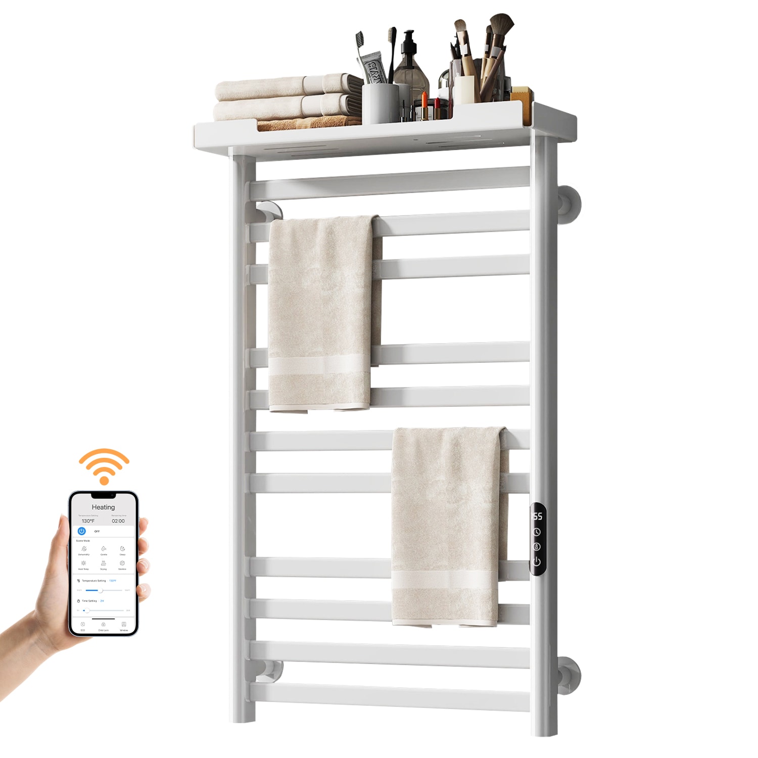 Tinyhomie Heated Towel Rack with Shelf and WiFi App Control 11 Bars Electric Wall Mounted Towel Warmer with Timer and Adjustable Temperature Low Carbon Steel Plug in Hardwired White