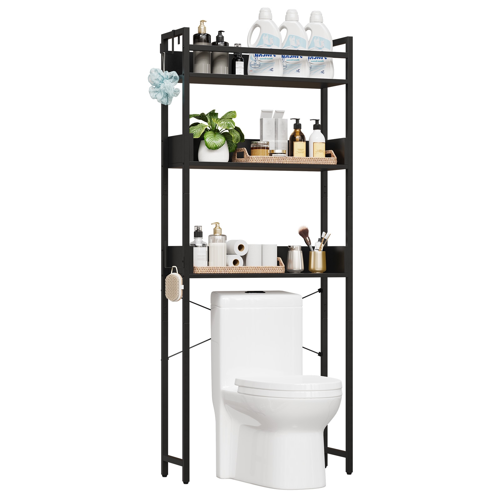 Garvee Over-The-Toilet Metal Storage Rack with 3 Open Wooden Shelves and Iron Frame Black Storage Organizer with Hook for Bathroom Kitchen Laundry Room