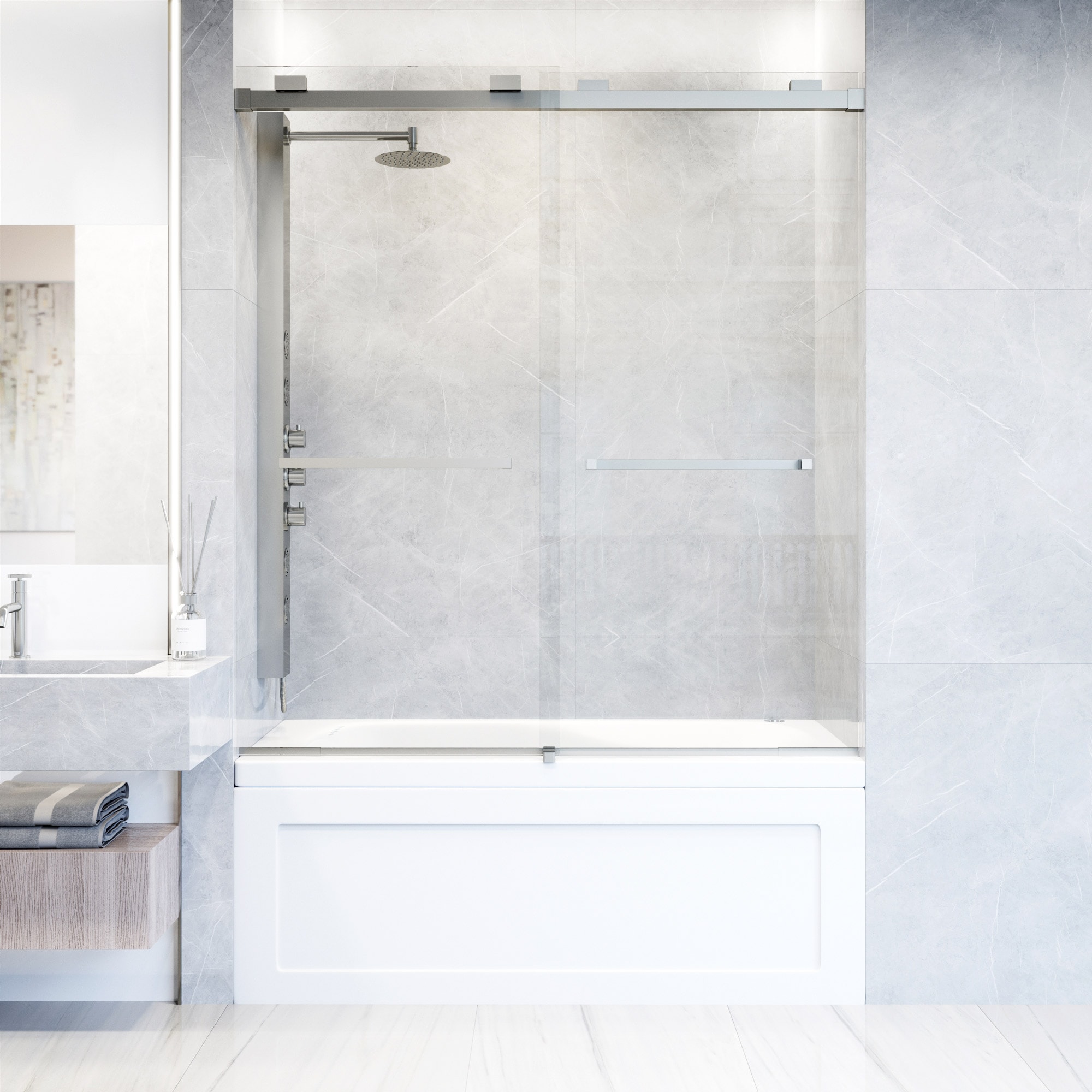 Houston 66" High x 60" Wide Frameless Sliding Tub Door in Stainless Steel