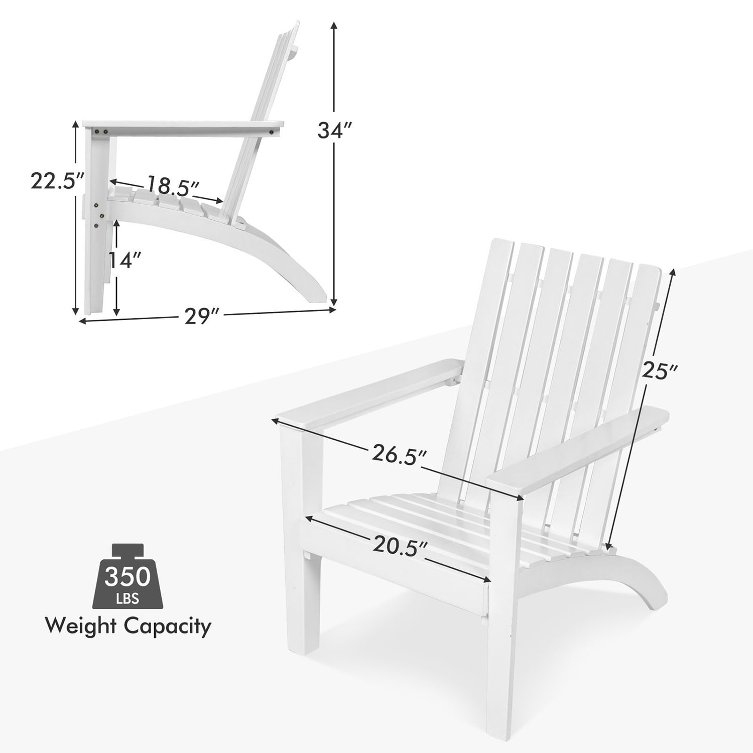 WELLFOR White Wood Frame Stationary Adirondack Chair with White Solid