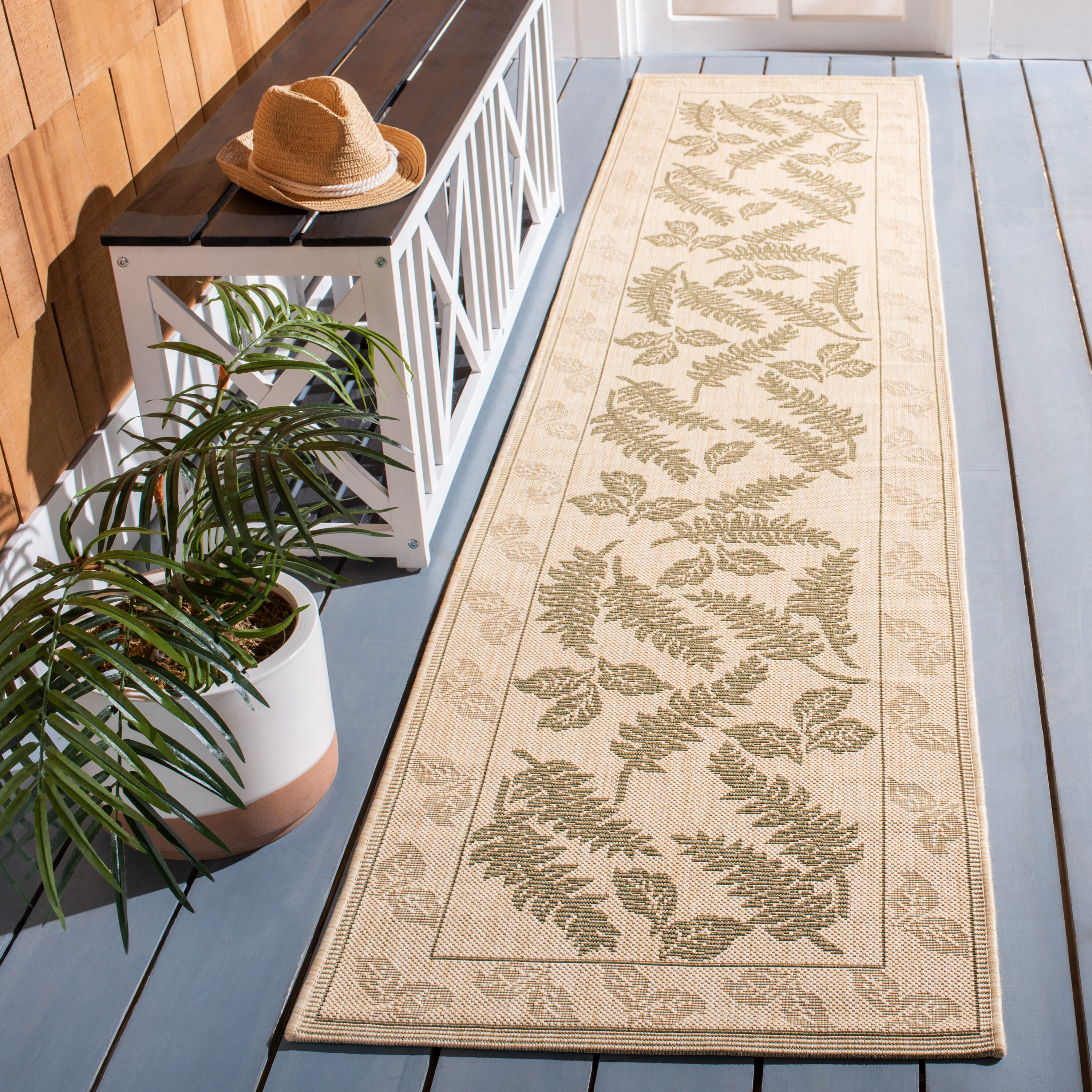 Safavieh CY0772-1E01-210 Courtyard Florette 2 x 10 (ft) Loomed Polypropylene Natural/Olive Rectangular Indoor/Outdoor Floral/Botanical Coastal Runner rug