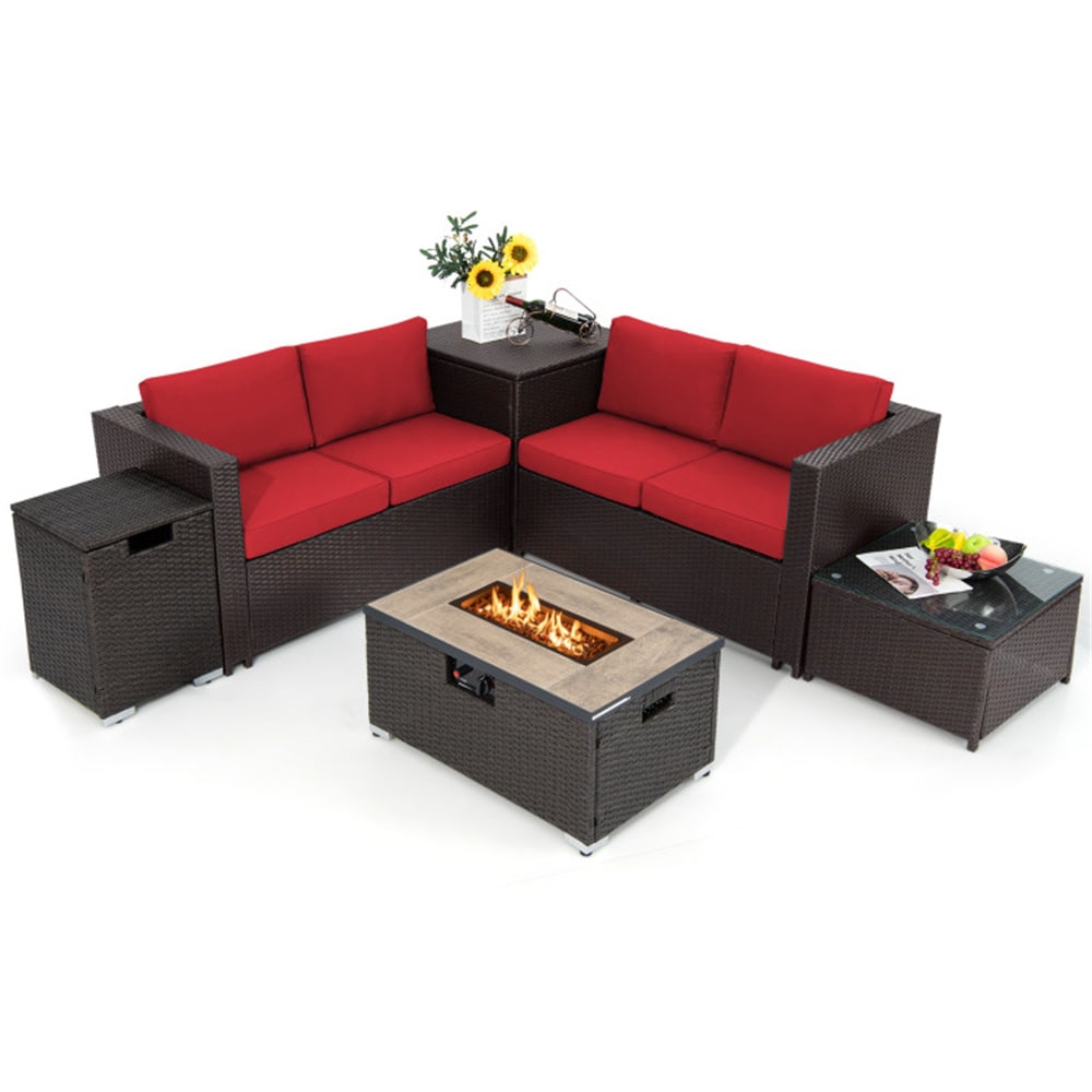BABOOM BOM-0152ORTPX Patio Furniture Sets With 32 inch Fire Pit 6 -Piece Rattan Patio Conversation Set with Red Cushions