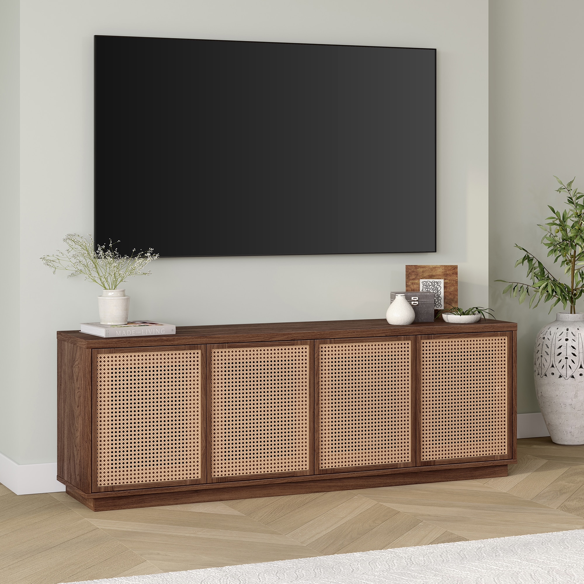 Satin Walnut Rectangular TV Stand with Faux Rattan Cabinets
