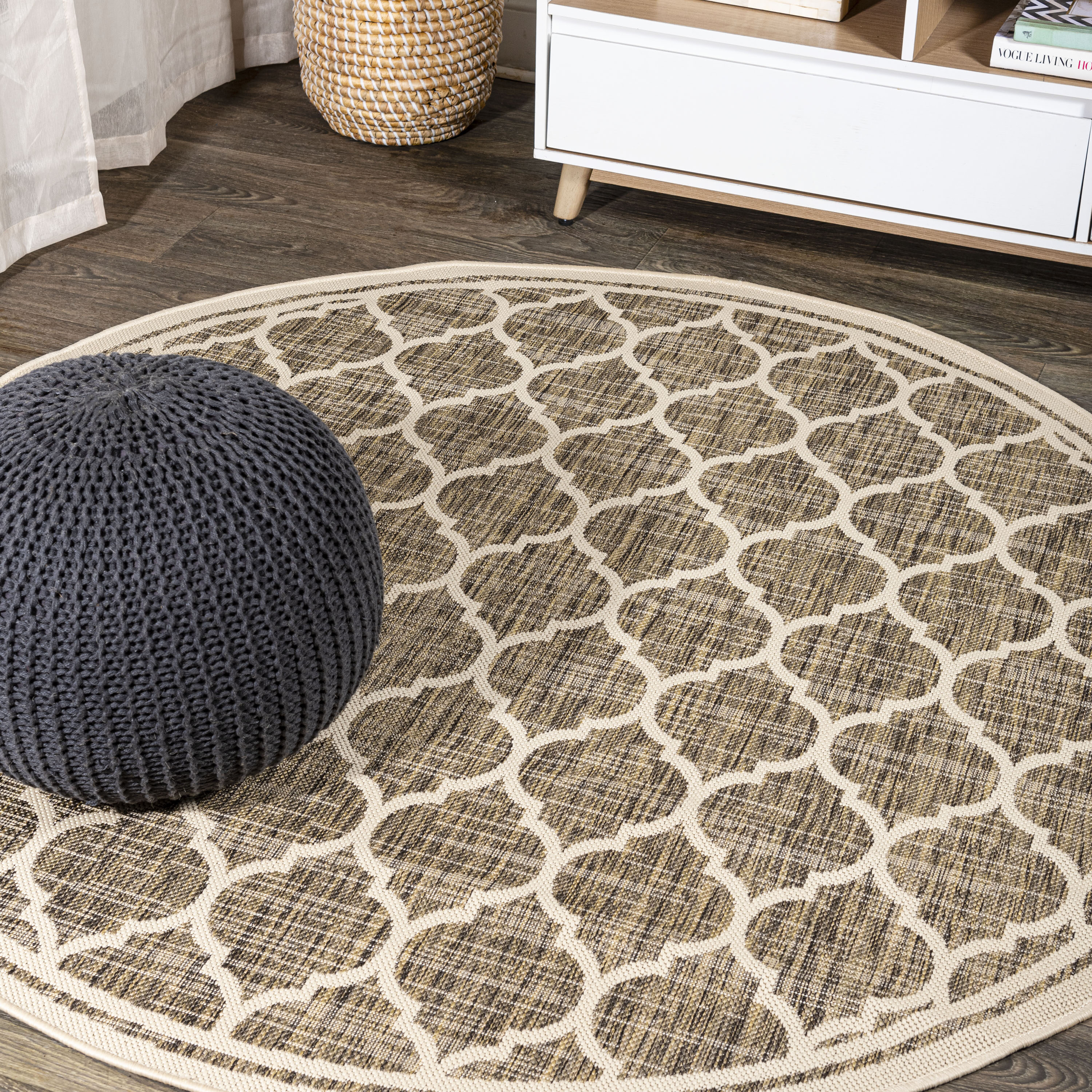 JONATHAN  Y SMB109A-4R Santa Monica Trebol Filigree Textured Weave 4 x 4 (ft) Loomed Polypropylene Brown/Beige Round Indoor/Outdoor Tribal Coastal Area rug