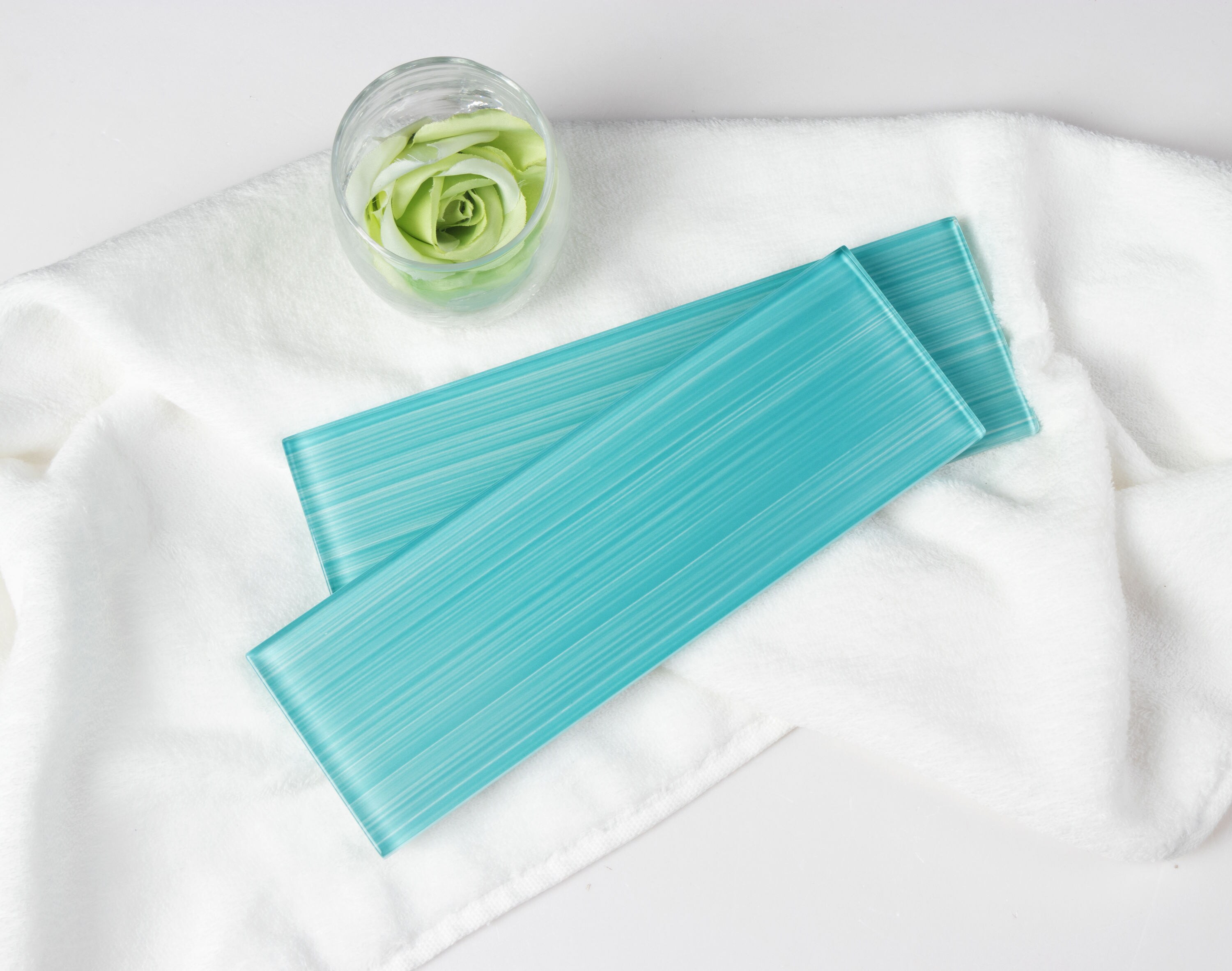 Aqua Blue Hand Painted Polished Glass Subway Wall Tile