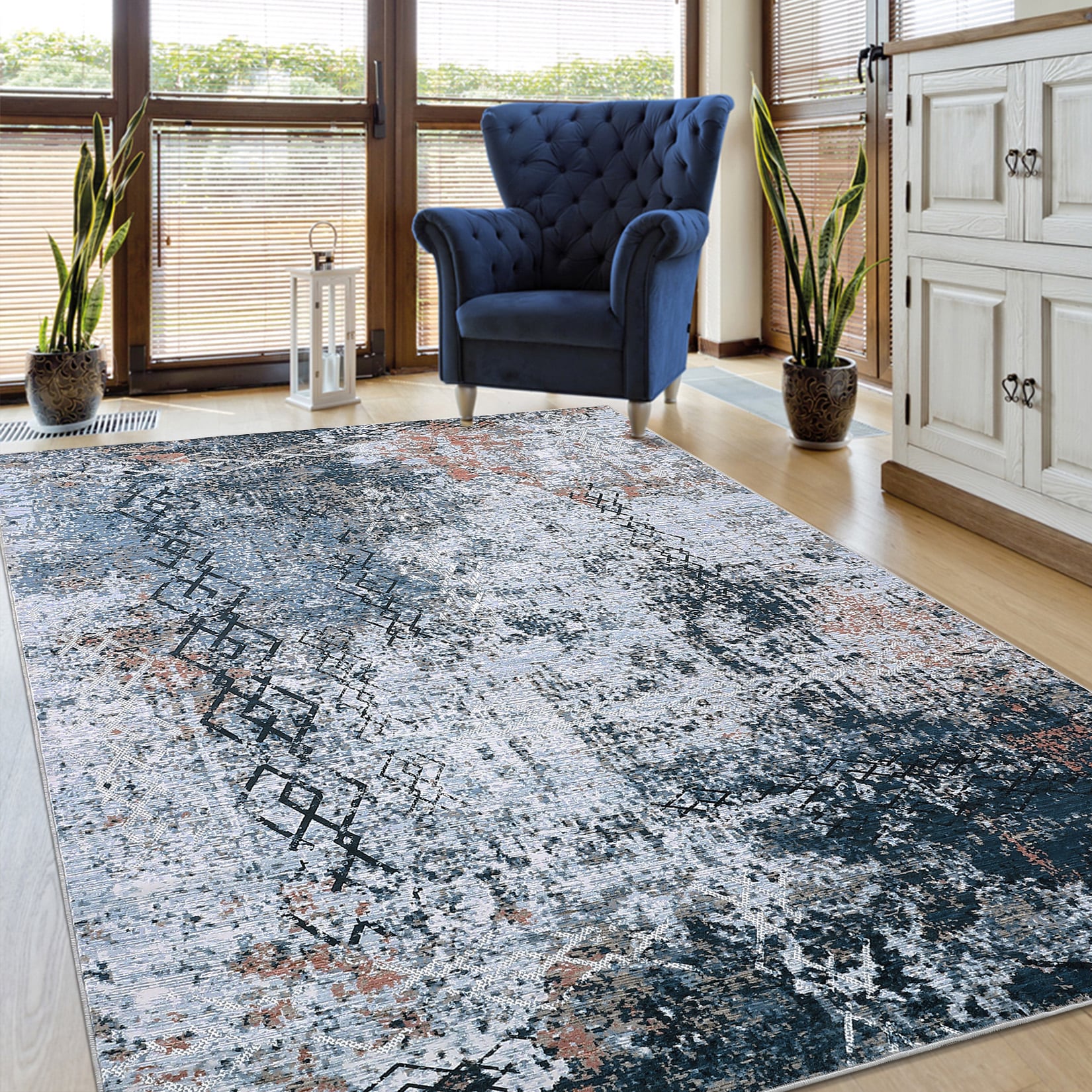 Garvee YXY-LO-PHO-13OVIQWD 9 x 12 (ft) Polyester Blue Rectangular Indoor Abstract Mid-Century Modern Machine washable Area rug