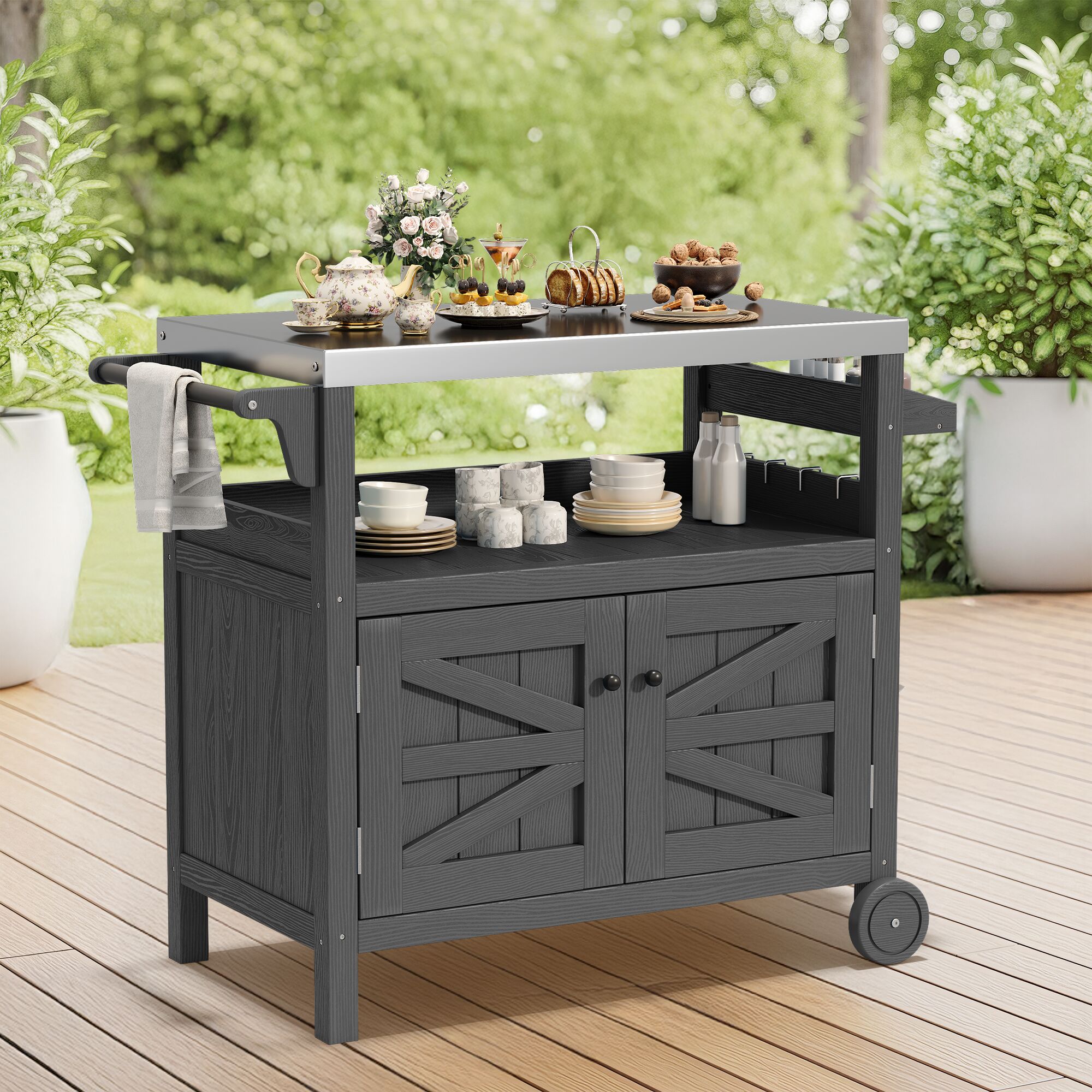 Serwall LS-HWBGCC-GY Outdoor Serving Cart with Storage Cabinet and Rustic Wood Grain Stainless Steel Top