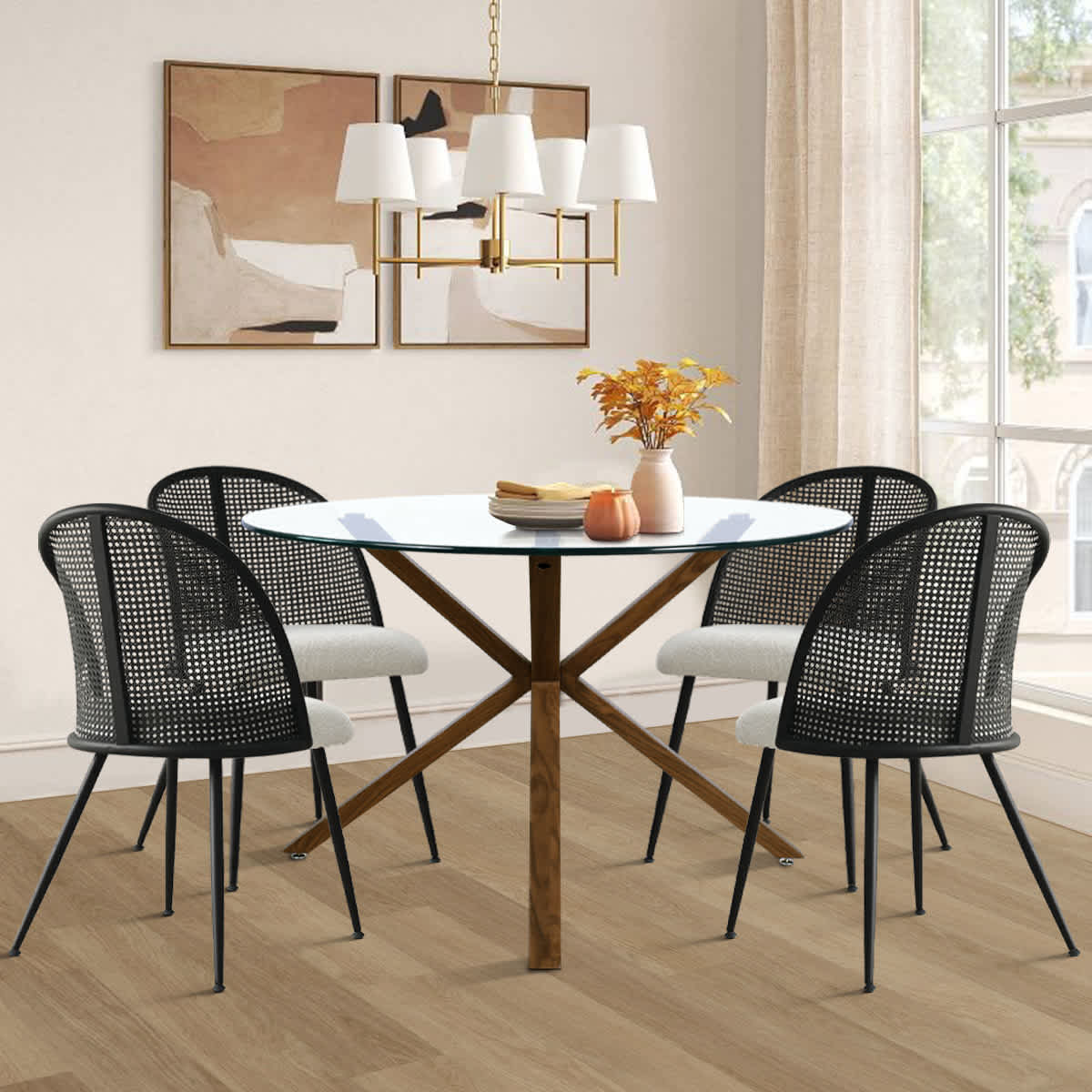 Maison Boucle OLIVER-WT+LUCCA-WH-4 5-Piece Dining Set with Glass Round Table and 4 Rattan Backrest White Chairs for Kitchen