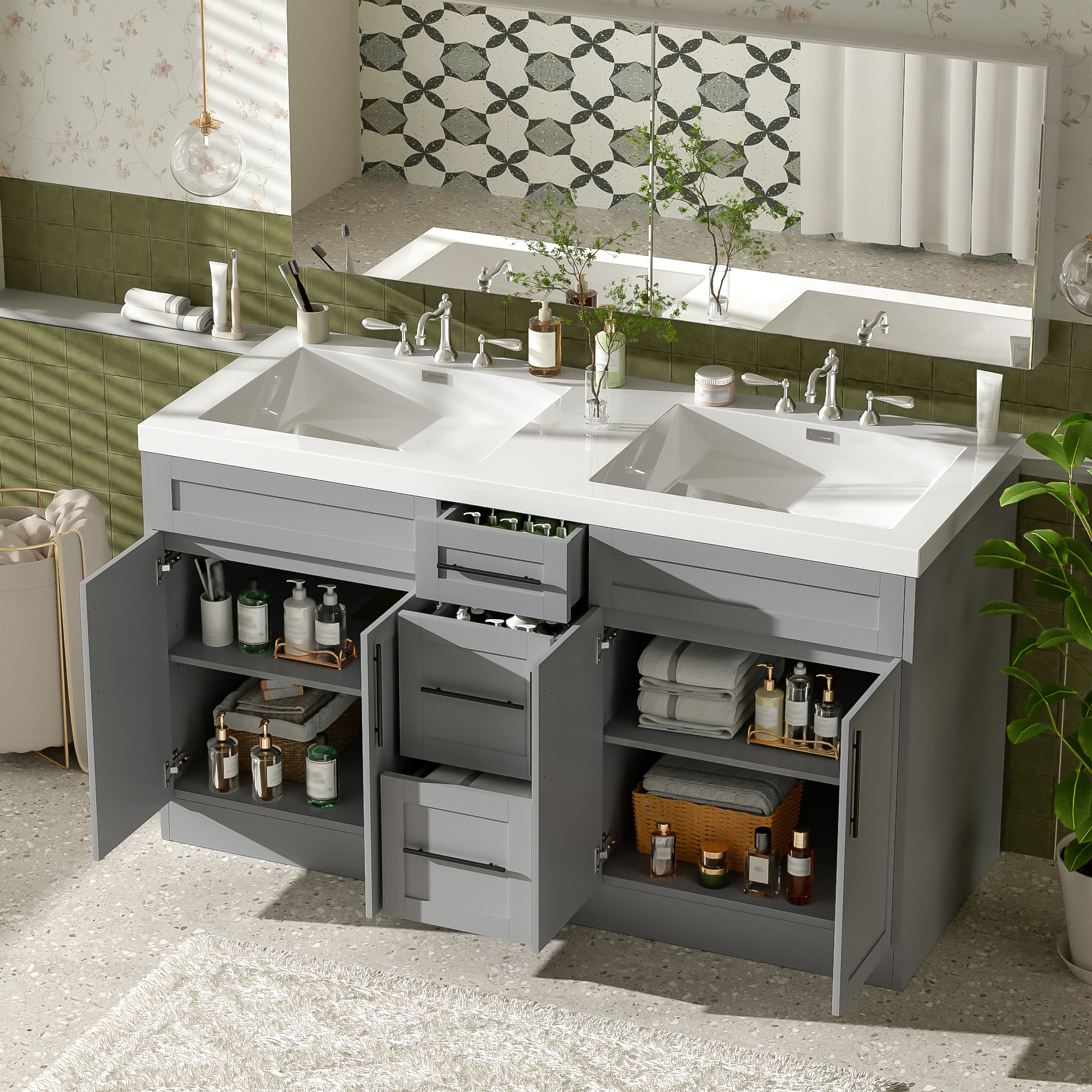 Huluwat Double Sink Bathroom Vanity with SMC Top Gray Painted MDF Cabinet with Solid Wood Frame Soft Close Doors Modern Storage Vanity
