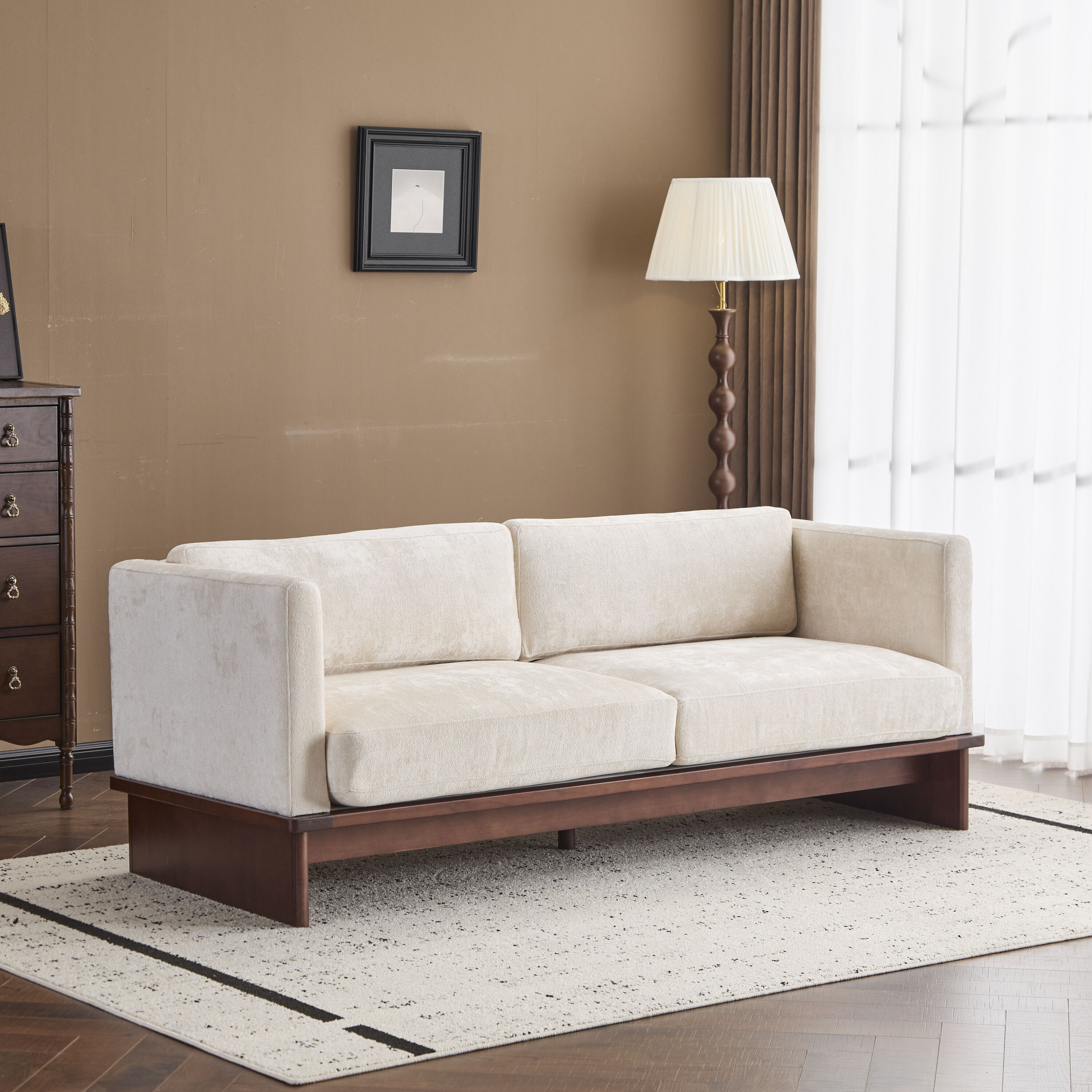 Union Beige 3 Seater Sofa Walnut Frame