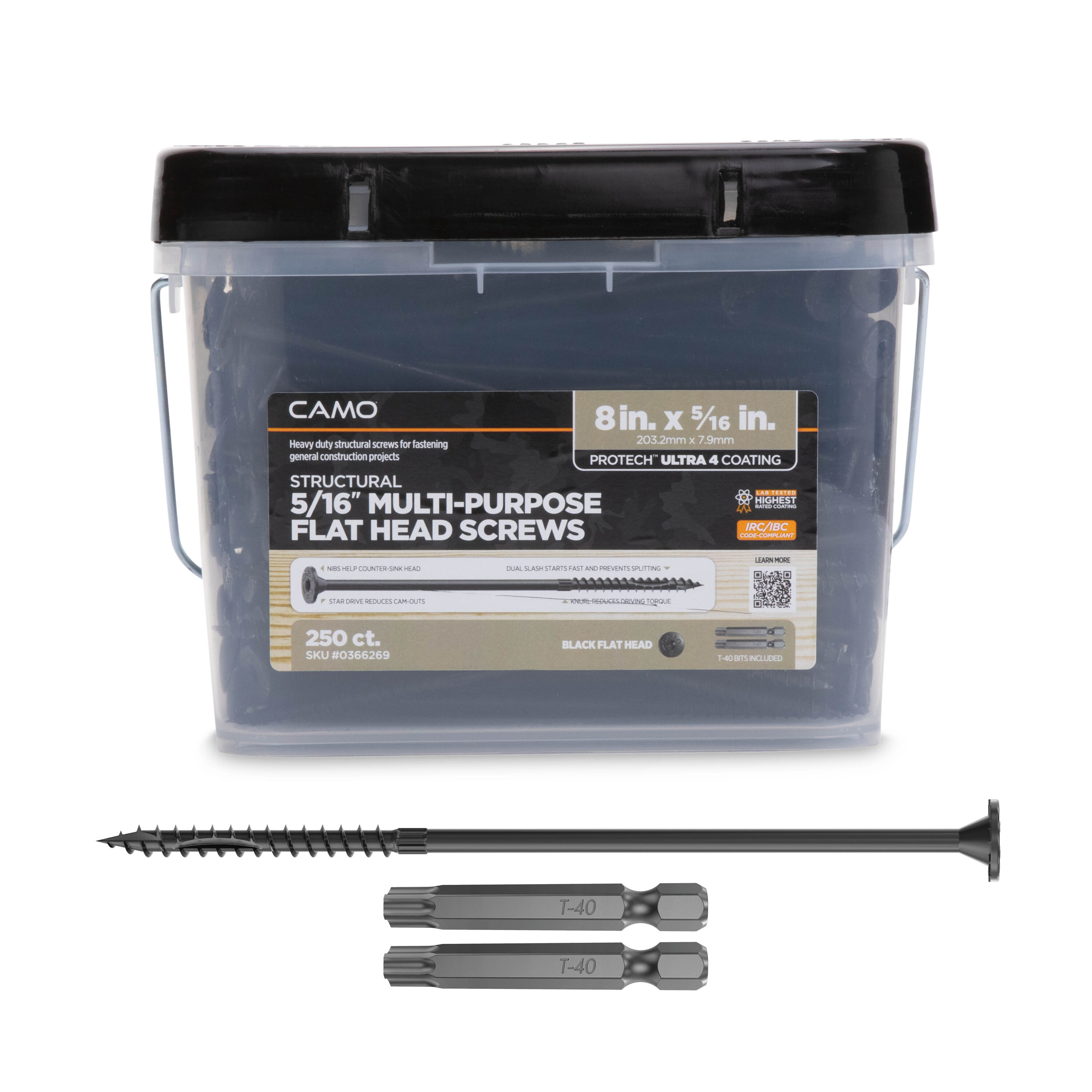 CAMO 0366269 5/16-in x 8-in Black Polymer Flat -Head Exterior Structural wood screws 250 -Pack