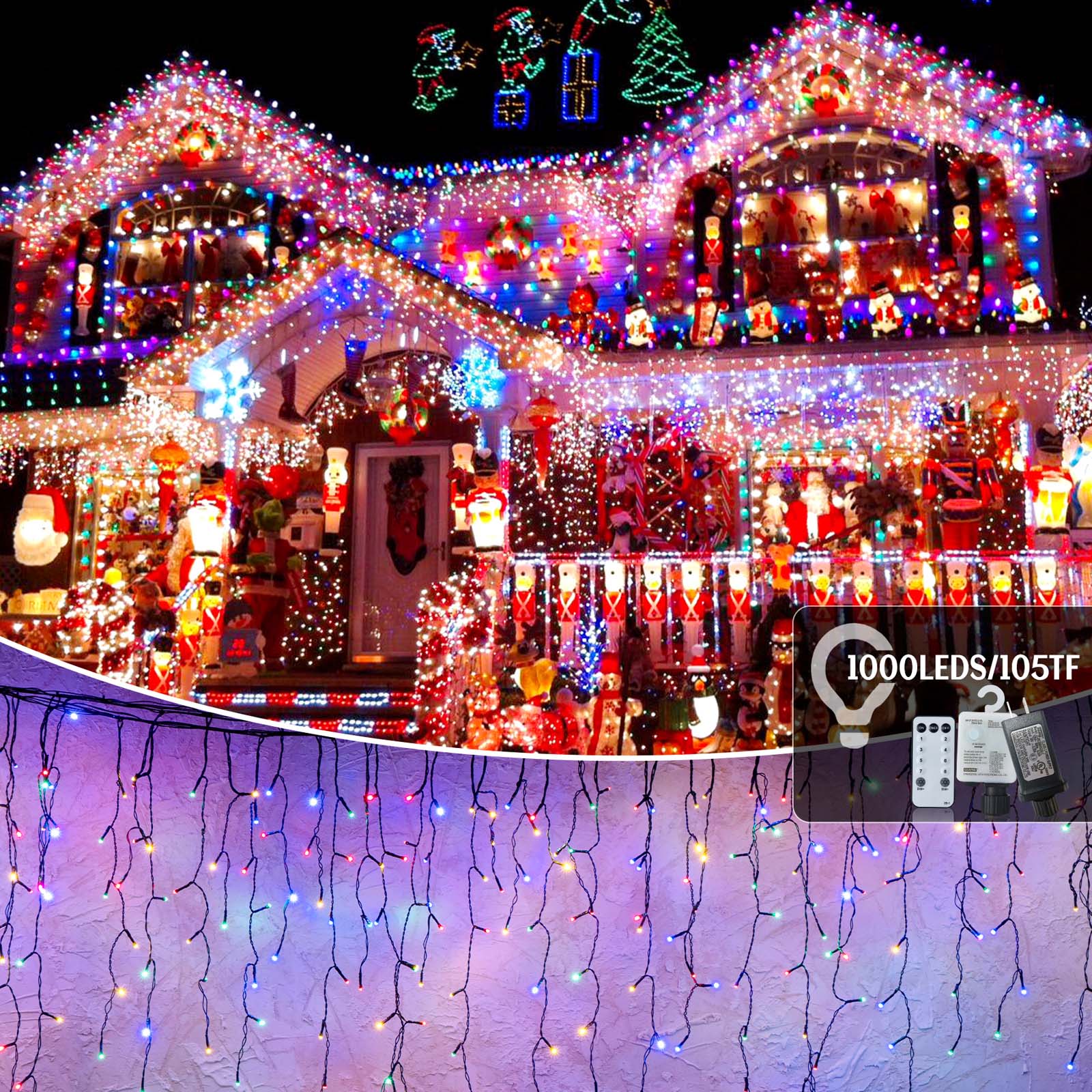 YOUNGAR  Multicolor Icicle Lights Curtain String Lights 105ft 1000 LED Icicle Christmas Lights with 50 Drops Waterproof Decoration Lights with 8 Modes Timer and Memory Function