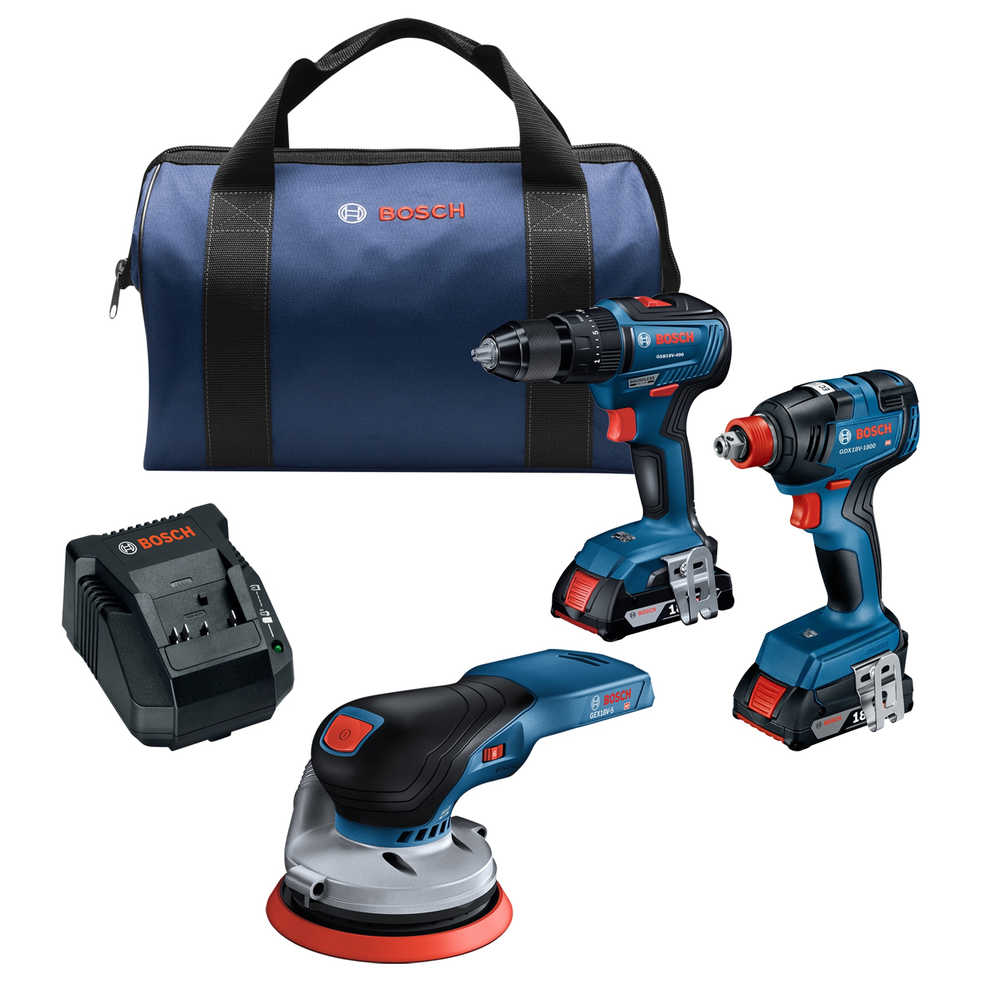 Bosch 18V Brushless 3-Tool Kit w/ Hammer Drill/2-in1 Impact Driver/ Sander with 2x2.0ah Batteries, Charger and Bag
