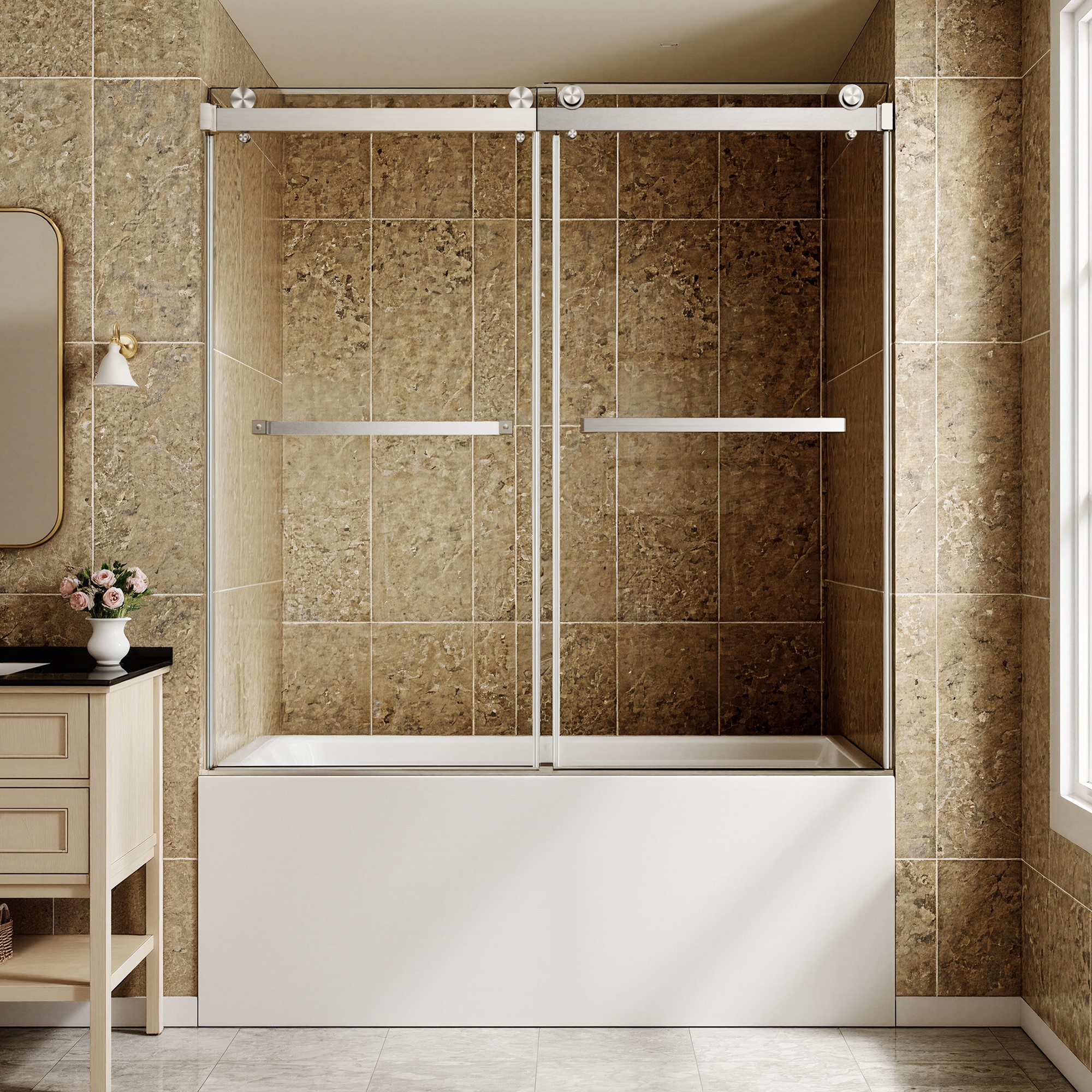 BEARSOLIM 56-in to 60-in W x 60-in H Semi-frameless Double Sliding Bathtub Door 5/16-in Tempered Glass with Explosion-proof Film Brushed Nickel