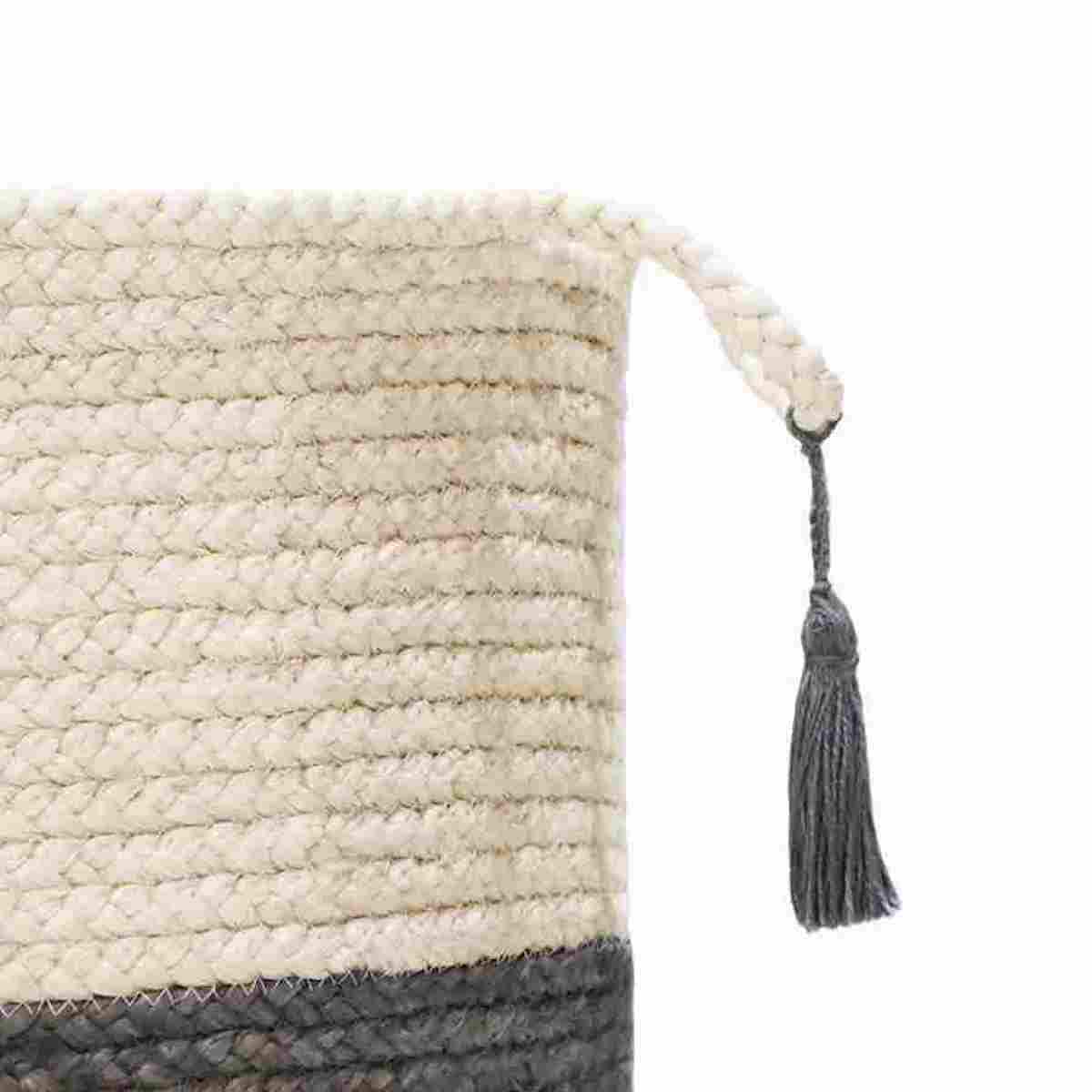 Handmade Round Jute Storage Basket with Gray and White Stripes
