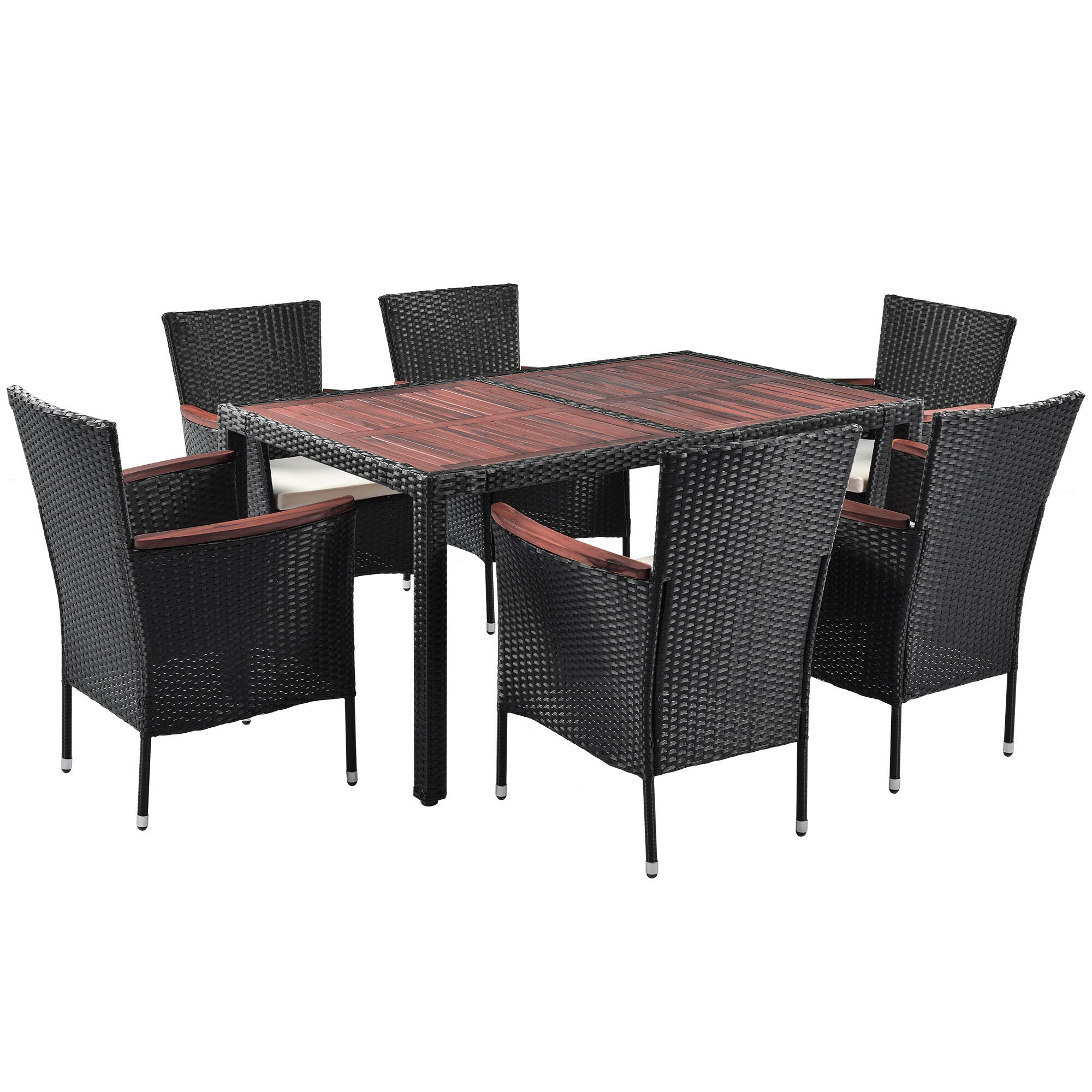 Clihome TX237S00004 7-Piece Outdoor Patio Dining Set 7 -Piece Brown Rattan Patio Dining Set Wood Rectangle Table with 6 Off-white Cushions Stationary Chairs