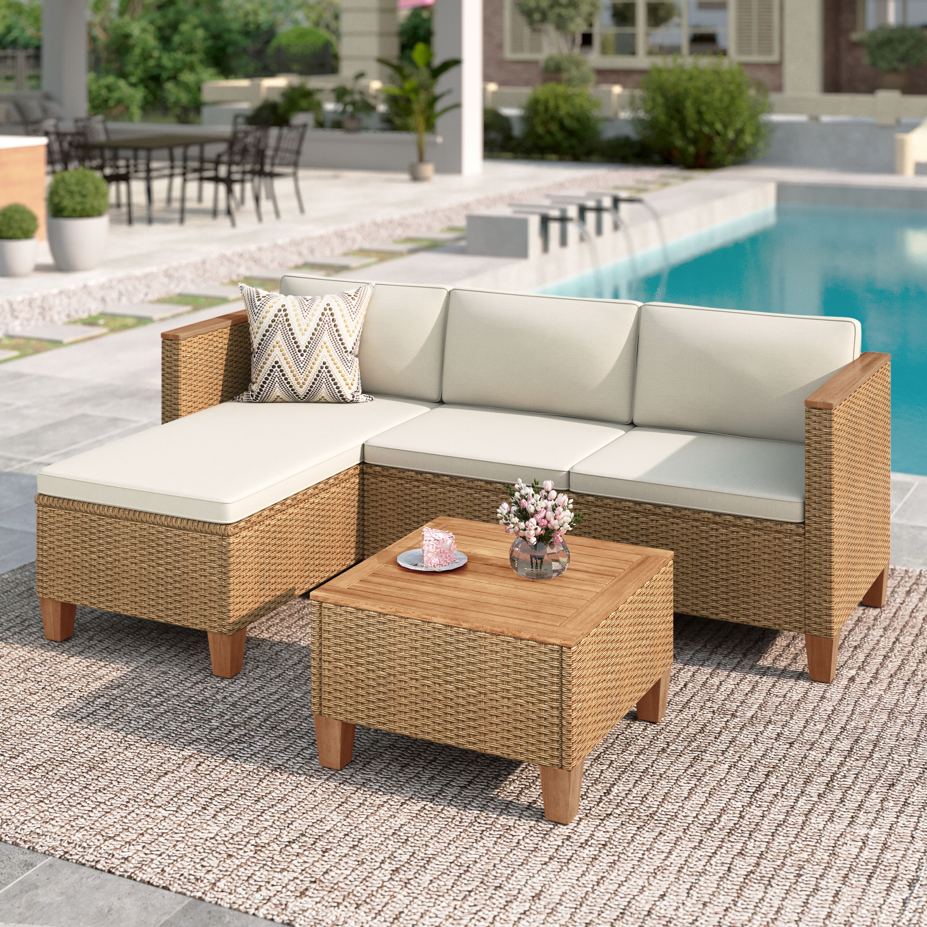 Sunshine Valley PV-116 Patio Conversation Sets 3 -Piece Wicker Patio Conversation Set with Beige Cushions