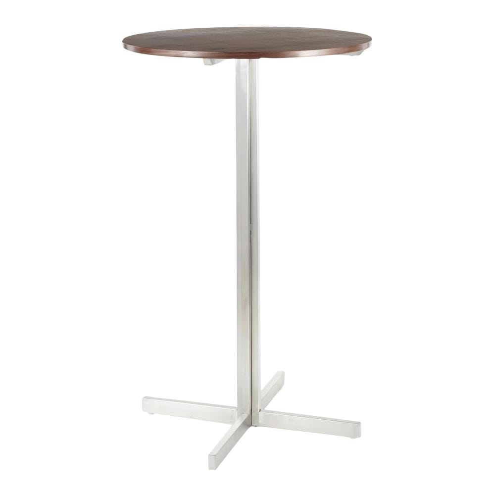 LumiSource BT-FUJIRN SS+WL Fuji Stainless Steel, Walnut Wood Round Contemporary/Modern Bar Table, Wood with Brushed Stainless Steel Metal Pedestal Base 26.25-in L x 42-in H