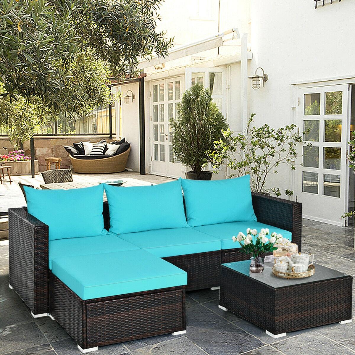 BABOOM BOM-69BTU+-CO 5 -Piece Rattan 2 Patio Sofa Conversation Set with Blue Cushions