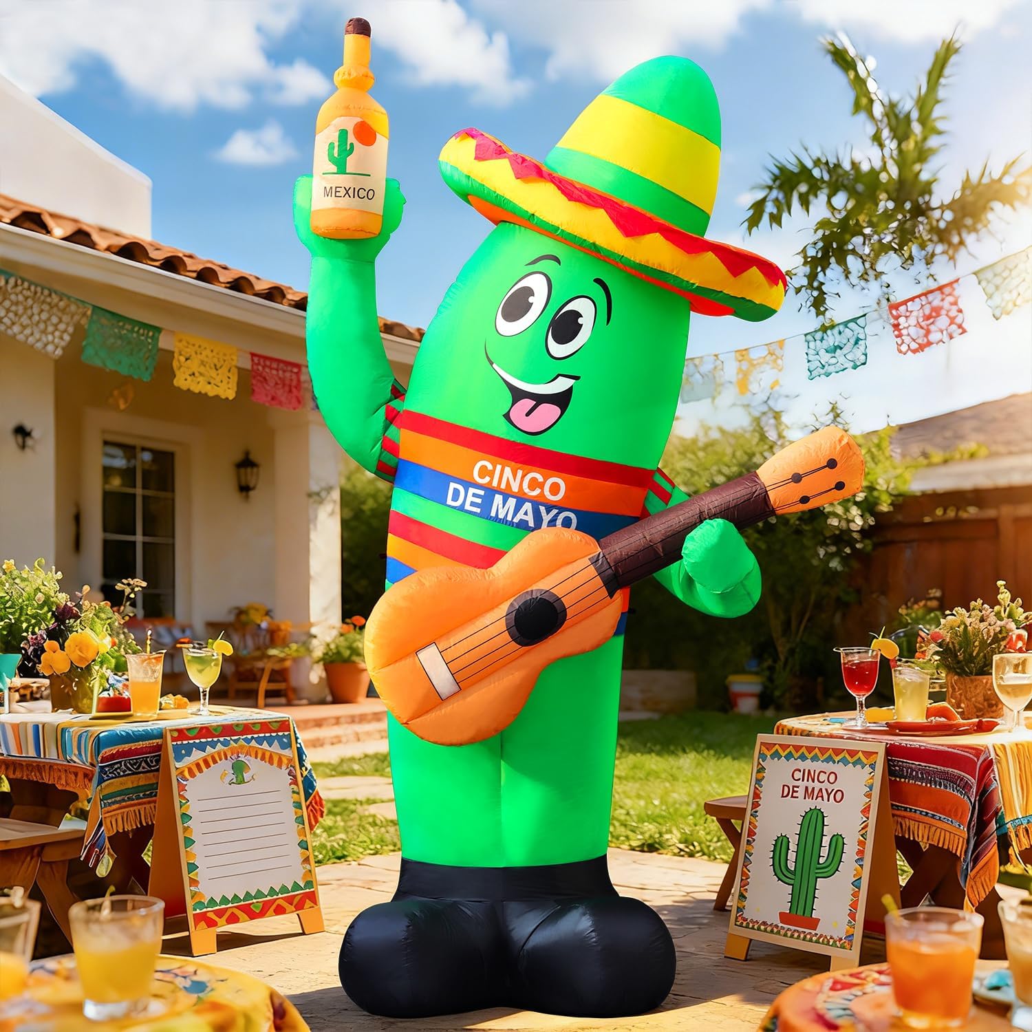DomKom  12-FT Cinco De Mayo Inflatable Giant Cactus Outdoor Decoration with Built-in LED Lights Heavy Duty Blow Up Mexican Fiesta Sombrero Guitar for Garden Lawn Yard Display Green