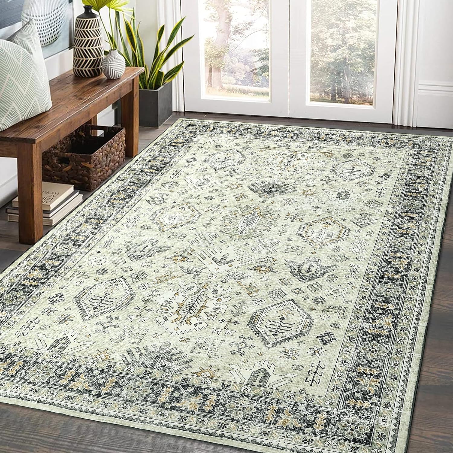Qeetex WWJ-PHO-0ZAZFQP0 COZYLOOM Washable Rug 9x12 Vintage Oriental Indoor Area Rug Soft Foldable Thin Rug Tribal Rug Non-Slip Backing Low Pile Rug for Living Room Bedroom Home Office Nursery Accent Floral Rug Grey