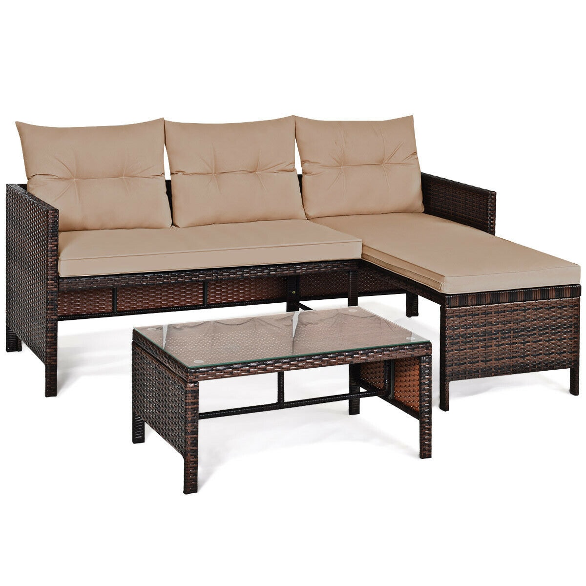 Forclover HYFE-62861BN 3 -Piece Rattan Patio Sofa Conversation Set with Tan Cushions