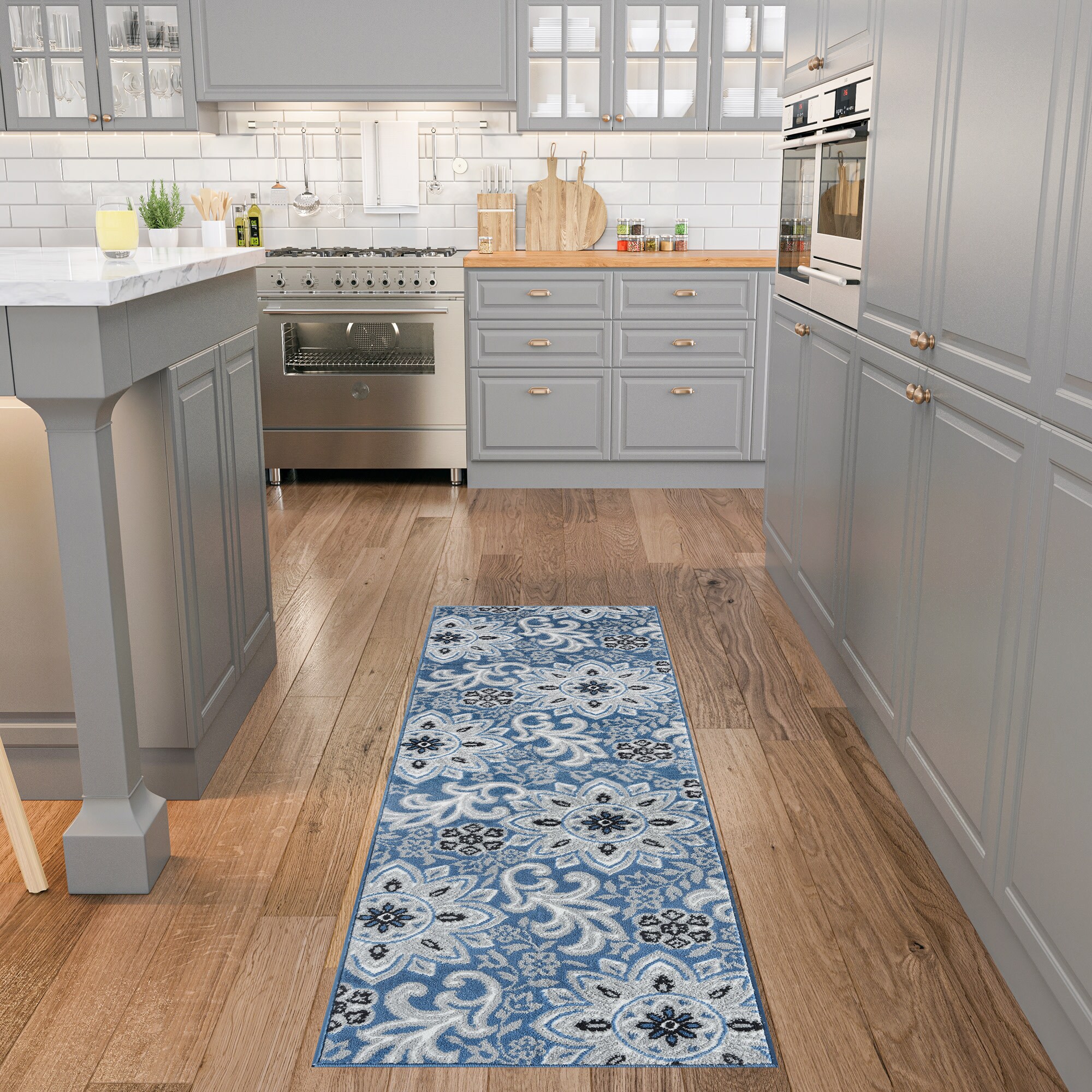 Tayse WYT1306 2X8 Wyatt 2 x 8 (ft) Loomed Polypropylene Blue Rectangular Indoor Floral/Botanical Farmhouse/Cottage Runner rug