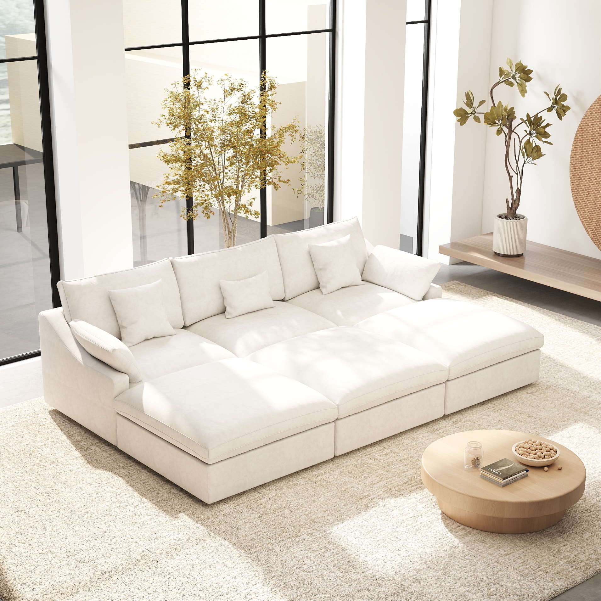 BuotiqHom - 119-in W Modern White Linen 6+seats Sectional with Slipcover