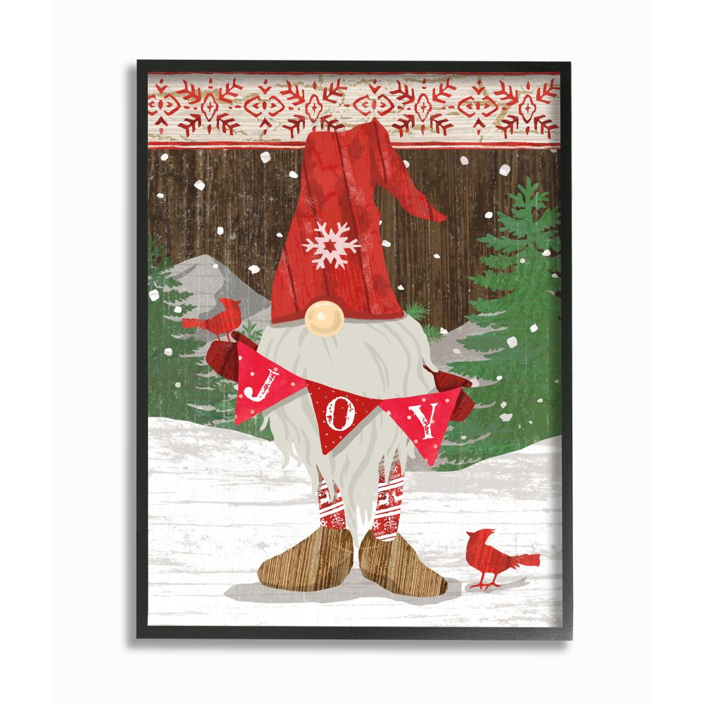 Stupell Industries AB-686-FR-24X30 Country Holiday Gnome with Winter 'Joy' Detail Andrea Tachiera Black Framed Wood Framed 30-Inches H x 24-Inches W Novelty Print