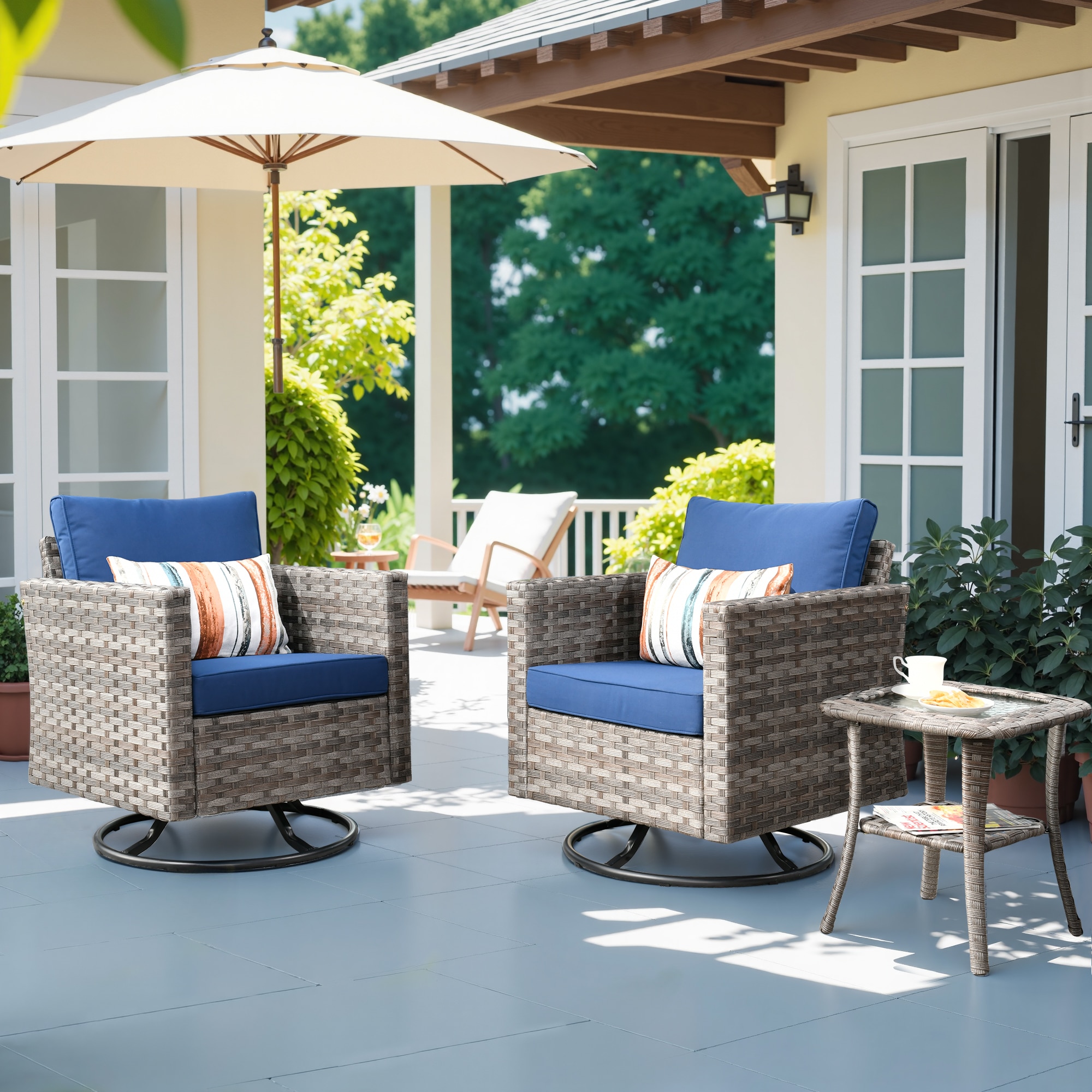 Pouuin SYZBBR7-3 3 -Piece Rattan Patio Conversation Set with Blue Cushions