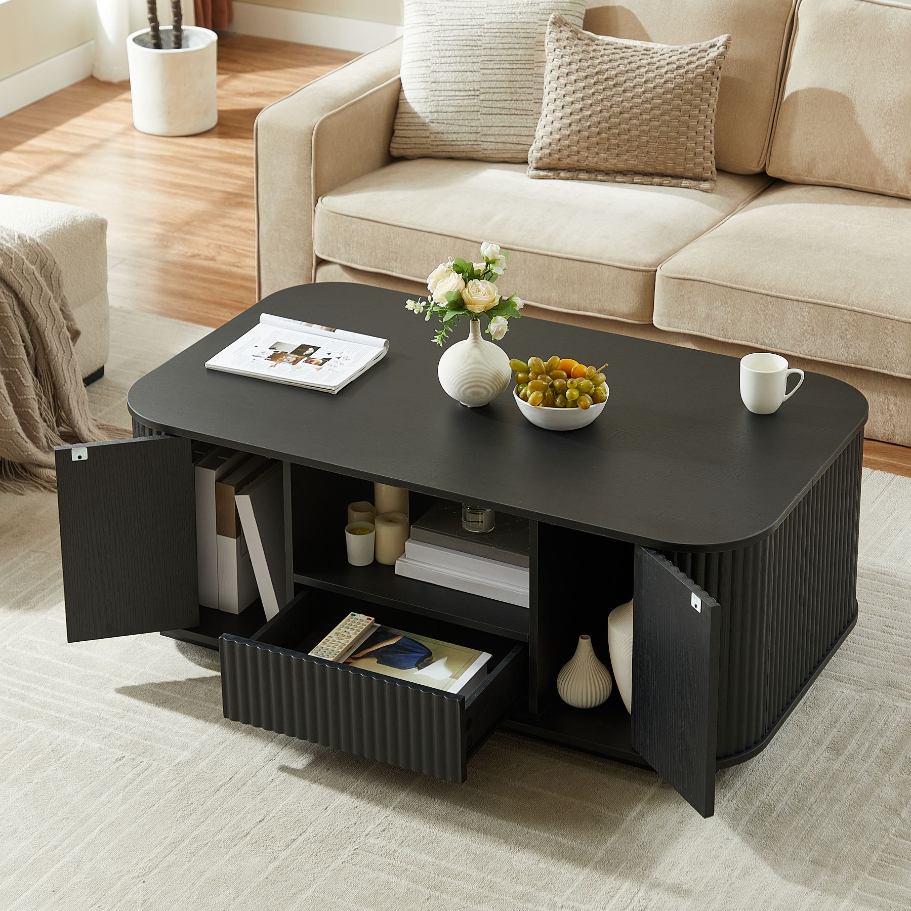 GDFStudio Zyn Contemporary 46.5 in. Oval Coffee Table with Drawers