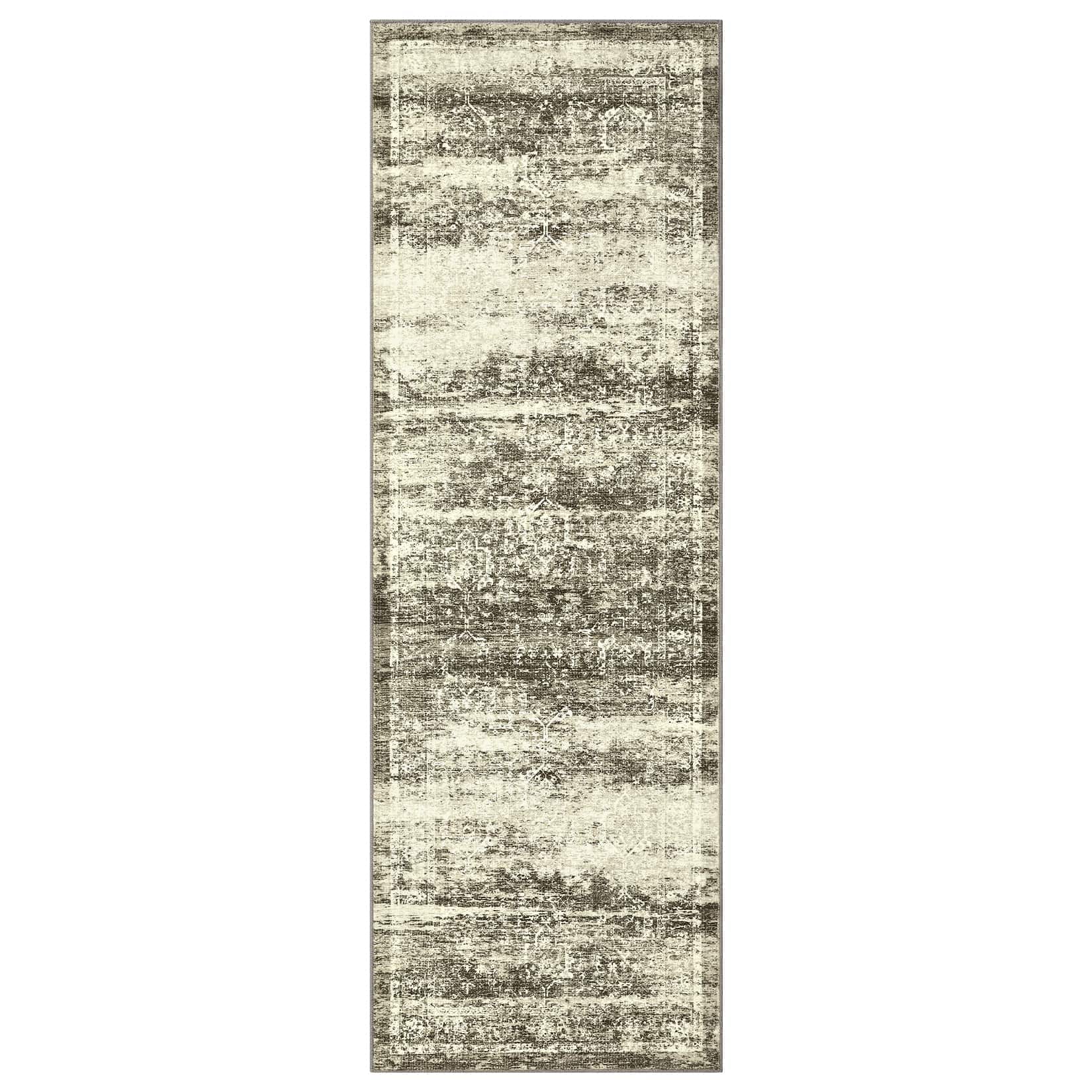 Qeetex LSN-PHO-16OSYU83 2 x 6 ft Polyester Cashmere Imitation Brown Rectangular Hallway Bathroom Entryway Kitchen Office Foldable Flower Printed Persian Washable Area Rug