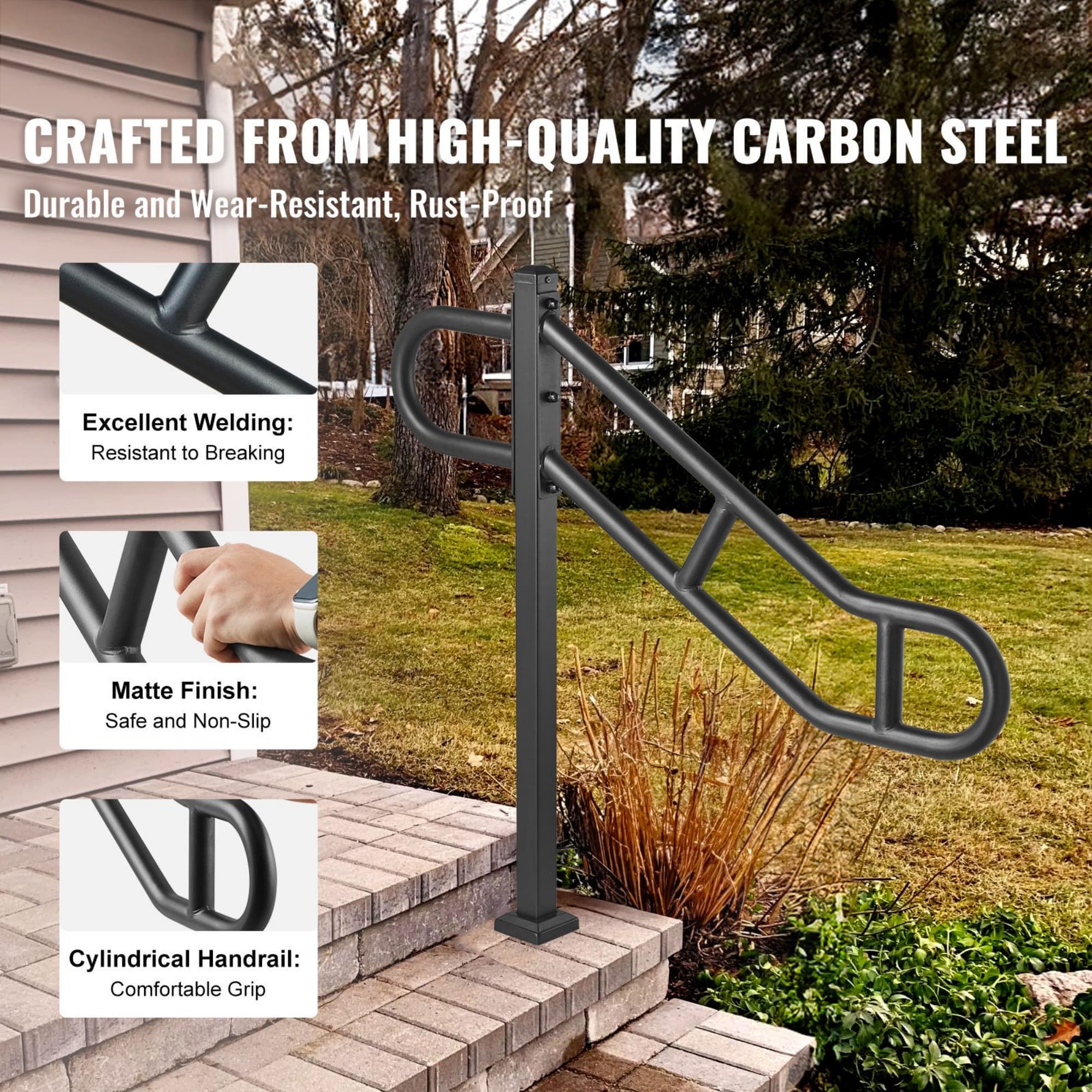 Angel Sar 2Crossbar Black Metal Floor Mounted Stair Handrail U-Shaped ...