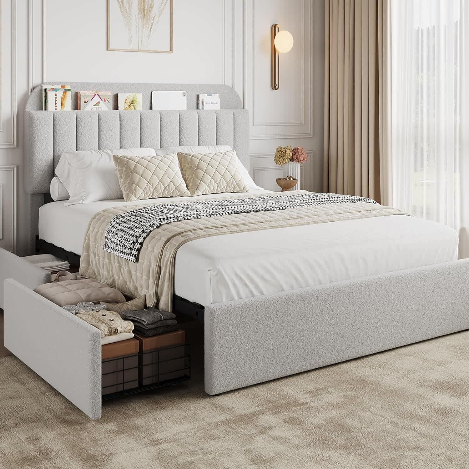 Qeetex LHF-BED-PHO-34A3DWB7 Full Bed Frame for Kids Boucle Upholstered Platform Bed for Boys/Girls with 2 Flexible Drawers Bookcase Headboard Noise-Free Easy Assembly No Box Spring Needed Grey