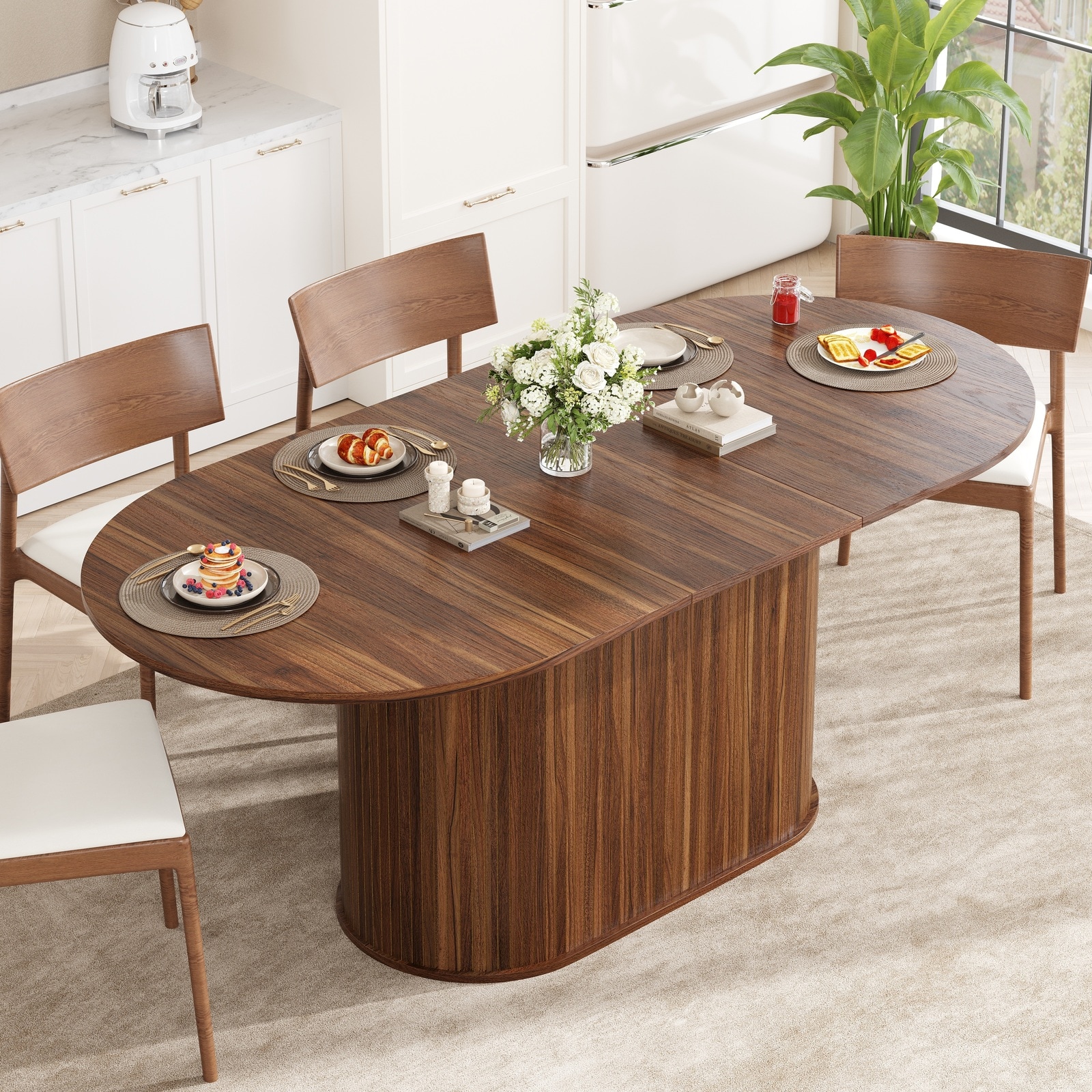 Horizons Prime 55 to 71 inch Walnut MDF Extendable Dining Table with Striped Legs for Living Room and Kitchen