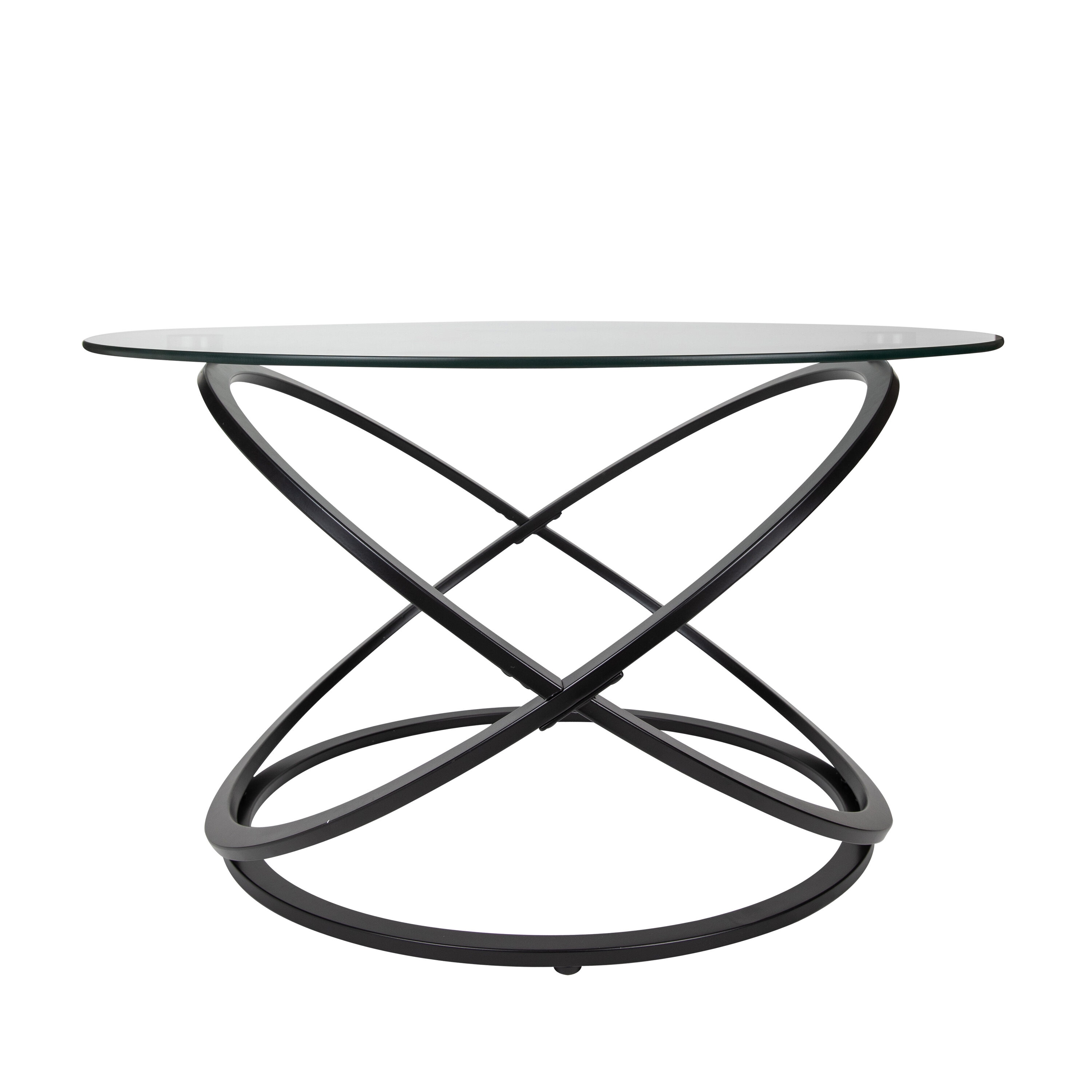 31.5" Round Clear Glass Coffee Table with Black Metal Base