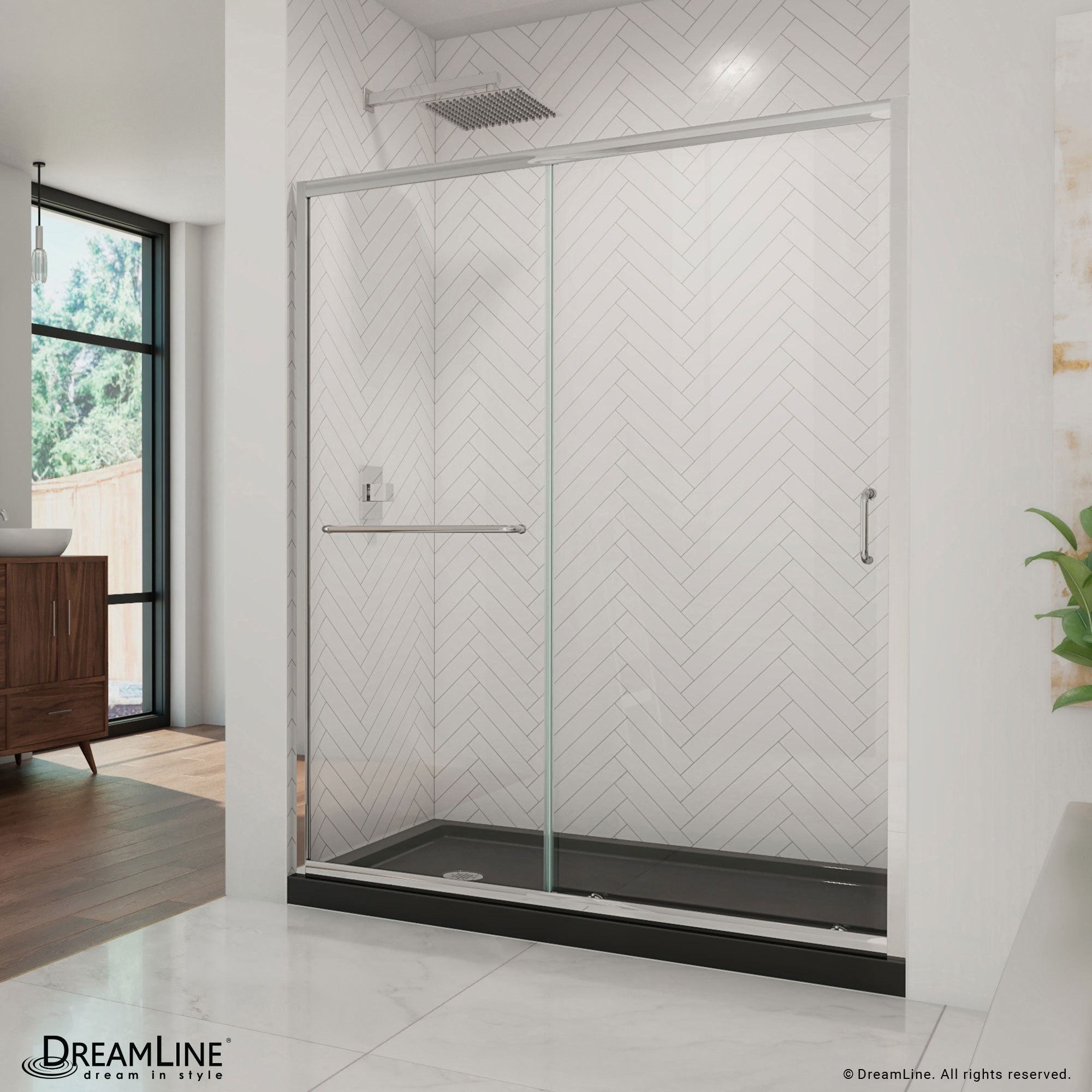 DreamLine DL-6973L-88-01 Infinity-Z 2 -Piece 60-in W x 36-in L x 75-in H Rectangular Alcove shower kit ( Left Drain) Base and Door Chrome Hardware Included