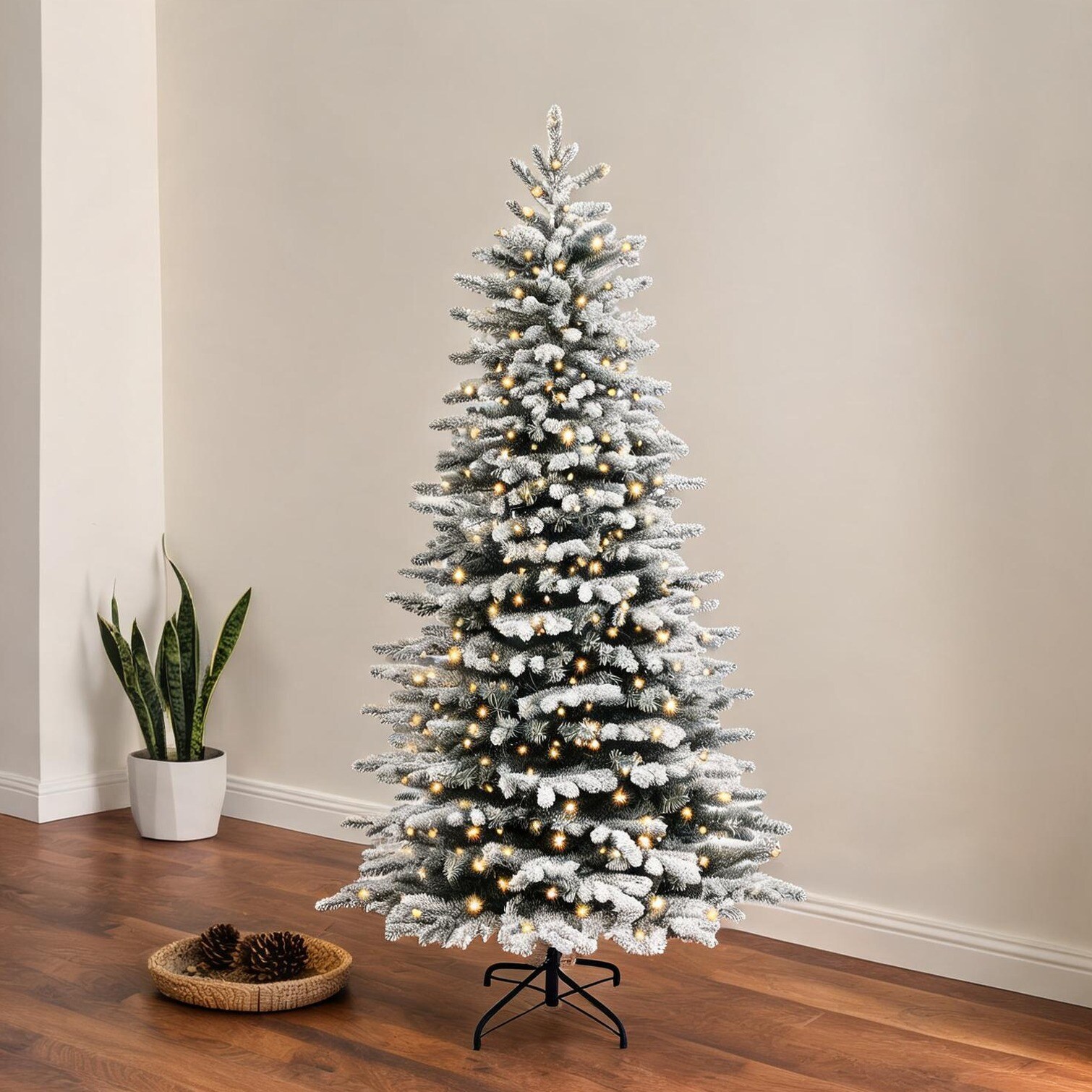 BBabe Plastic Artificial Christmas Tree with Snow-Flocked Branches and Pre-Strung Lighting for Indoor Holiday Display