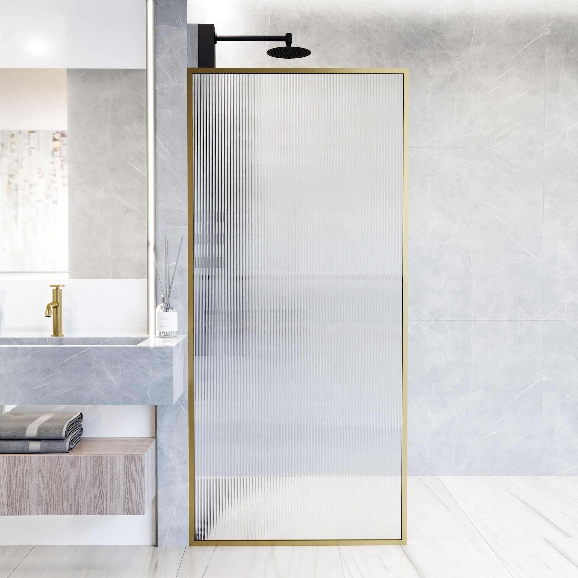 VIGO VG6077MGFL3474 Meridian Matte Brushed Gold 34-in W x 74-in H Framed Patterned Glass Fixed Shower door