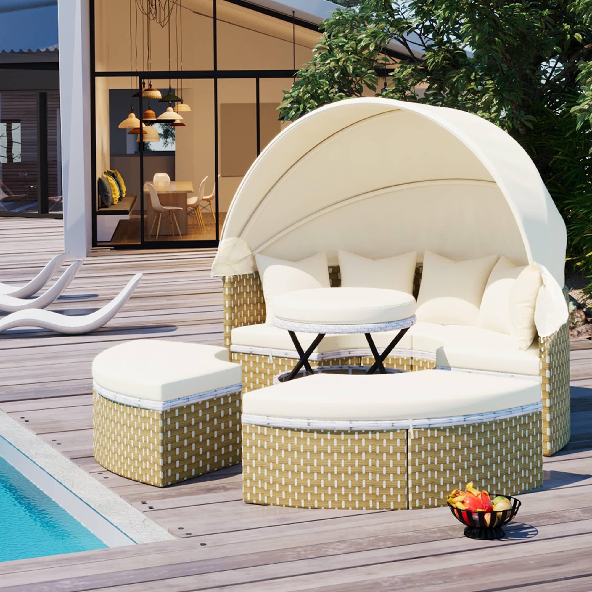 Dimakai DK-TOP-23AAA Rattan Outdoor Daybed with Beige Cushions and Iron Frame
