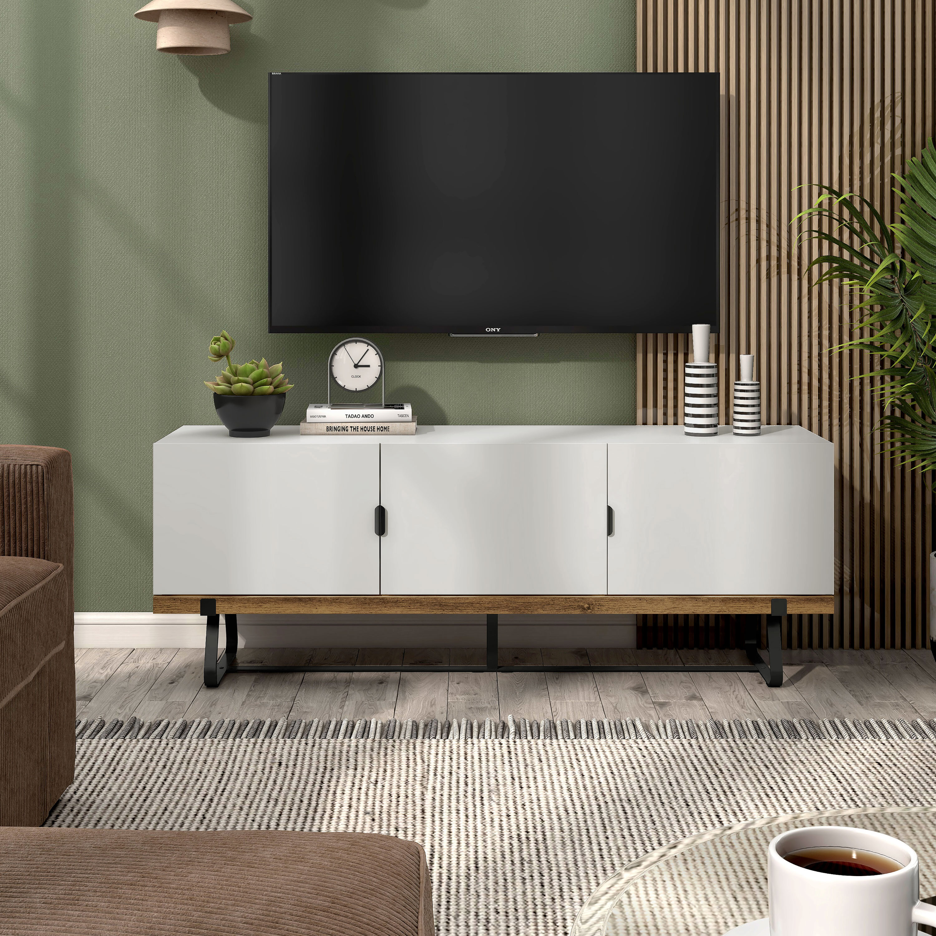 Furniture of America IDI-243231 Eliot Modern/Contemporary White, Distressed Oak TV stand ( Accommodates TVs up to 65-in )