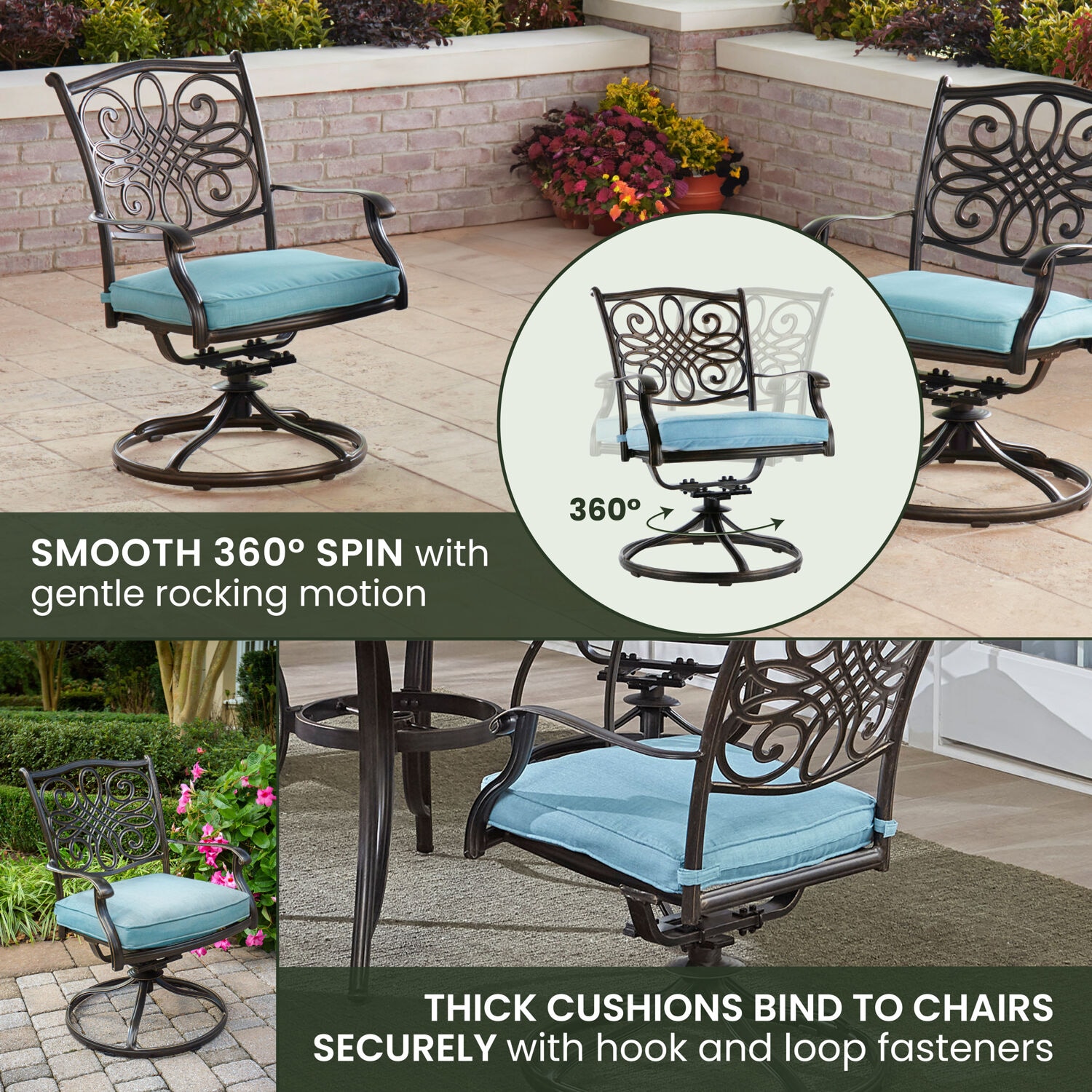 Bronze Cast Aluminum Round Outdoor Dining Set with Blue Cushions